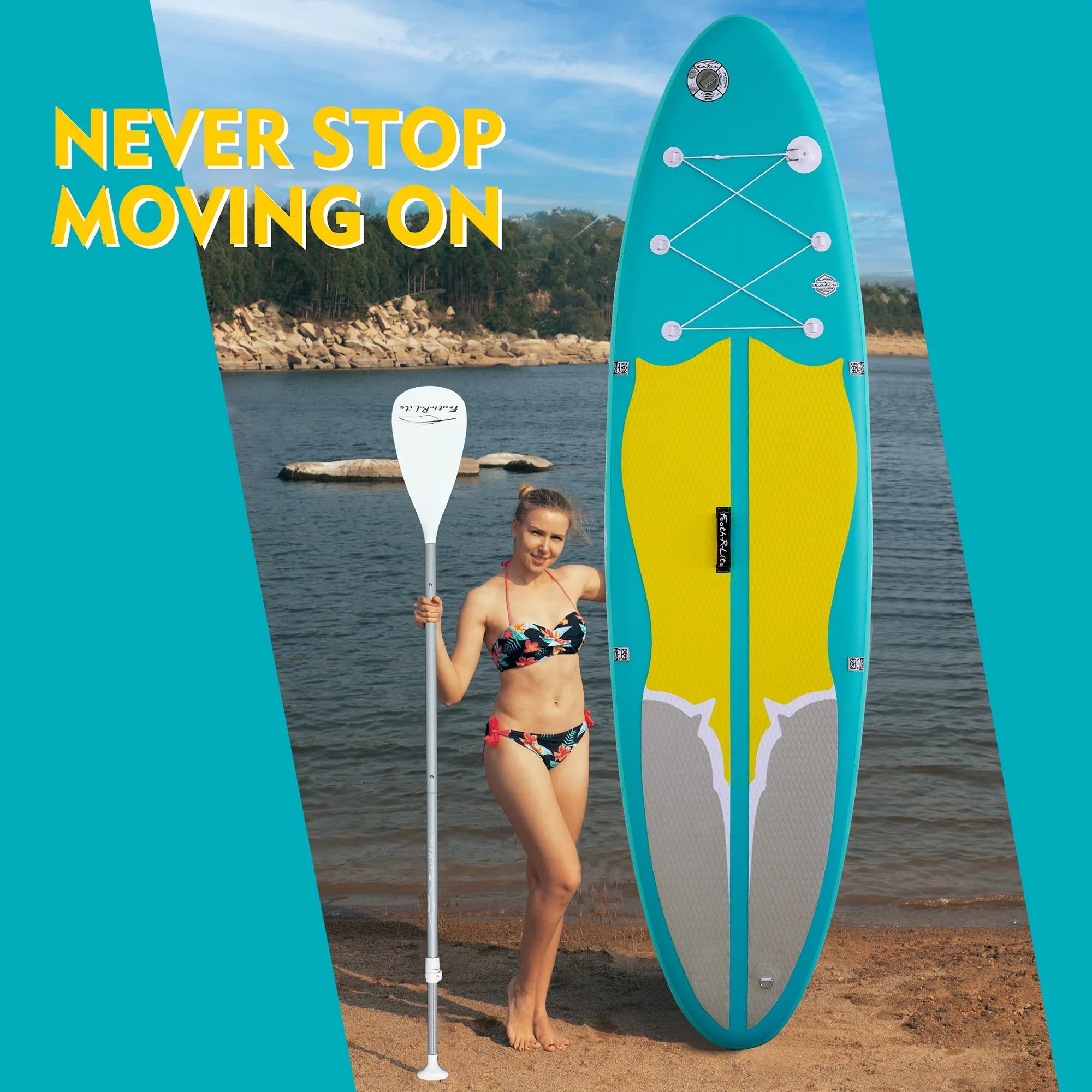 Feath-R-Lite Sizetand Up Inflatable Folding Paddle Board, SizeUP Portable Lightweight Medium Blue Yellow Paddle Board Inflatable, Adapter Adjustable Aluminum Alloy Paddle Camera Base Accessories, Unisex