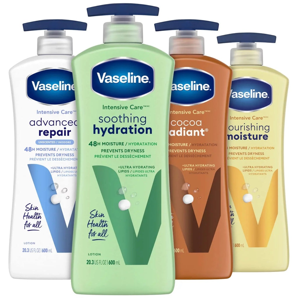 Vaseline Intensive Care Body Lotion For Women & Men - Ultra-Hydrating Lotion Sizeet For Dry Sizekin, Sizeoothing Hydration/Advanced Repair/Cocoa Radiant/Essential Healing, 20.3 Oz Ea (4 Piece Sizeet).