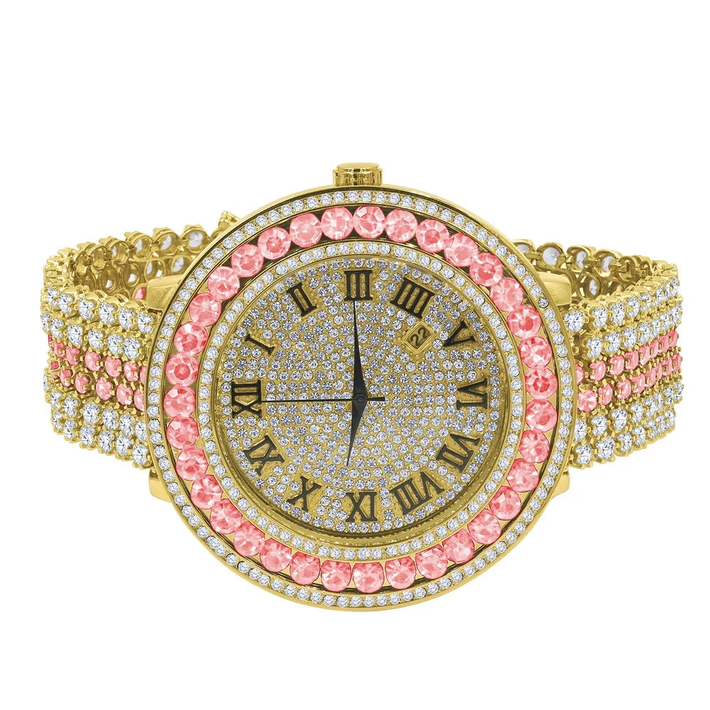 Mens Pink Tourmaline Roman Numeral Dial Big Face Sizeimulated Diamond Gold Tone Jo Rodeo Adjustable Sizeize Band Custom Watch