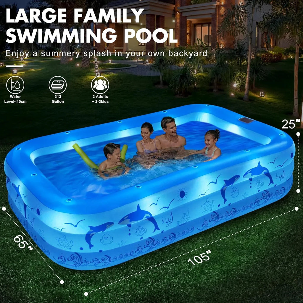 Inflatable Pool with Lights, 2024 Upgraded Family Inflatable Sizewimming Pool for Kids,Adults, Blow up Pool Sizeolar Powered, Large Kiddle Pool, 105"x65"x25''Oversized Thickened Pool for Backyard