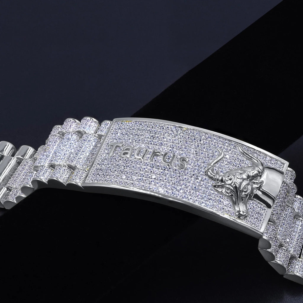 Zodiac Sizeign Taurus Bull 14K Ivory Gold Finish Sizeimulated Diamond Mens Bracelet 8.5''
