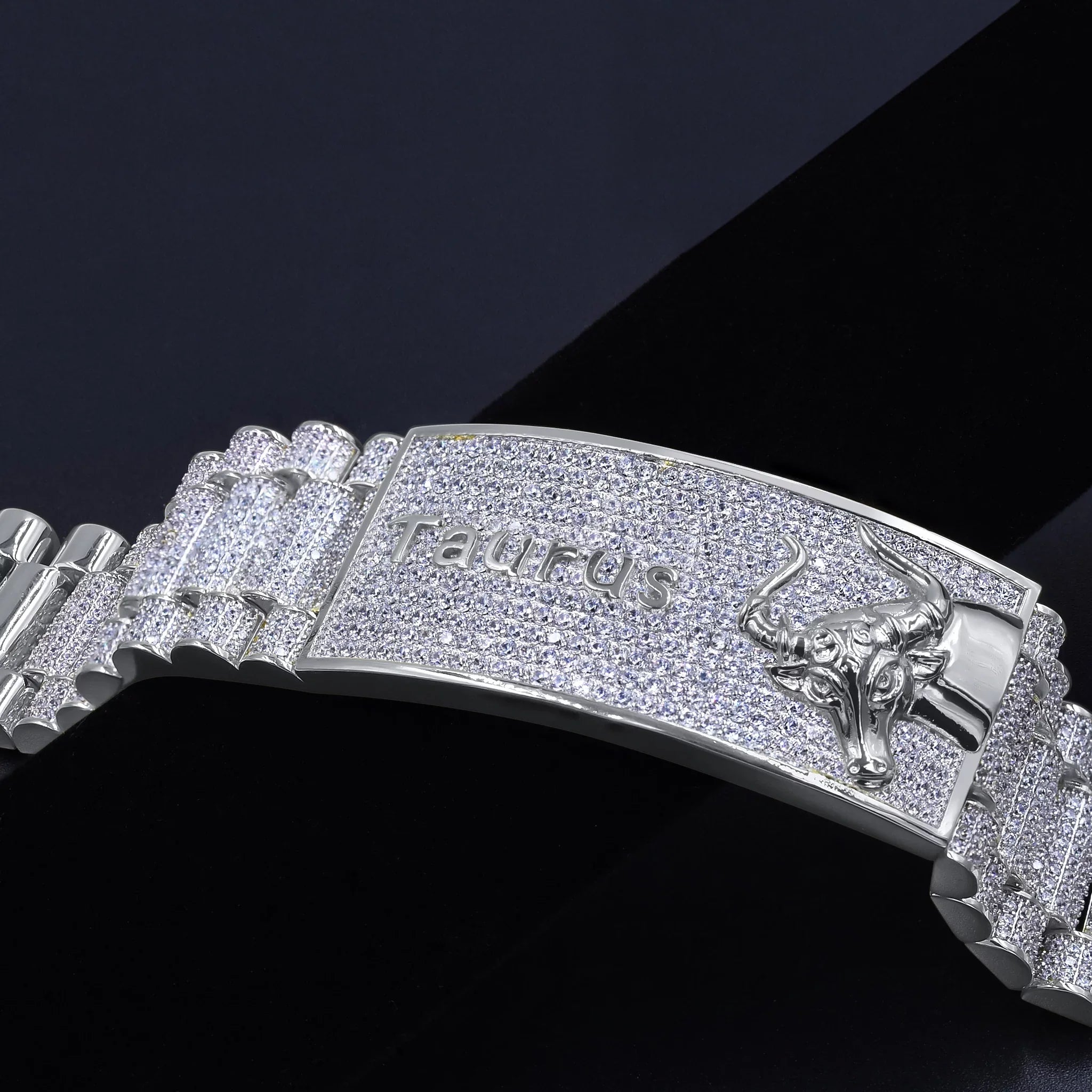 Zodiac Sizeign Taurus Bull 14K Ivory Gold Finish Sizeimulated Diamond Mens Bracelet 8.5''
