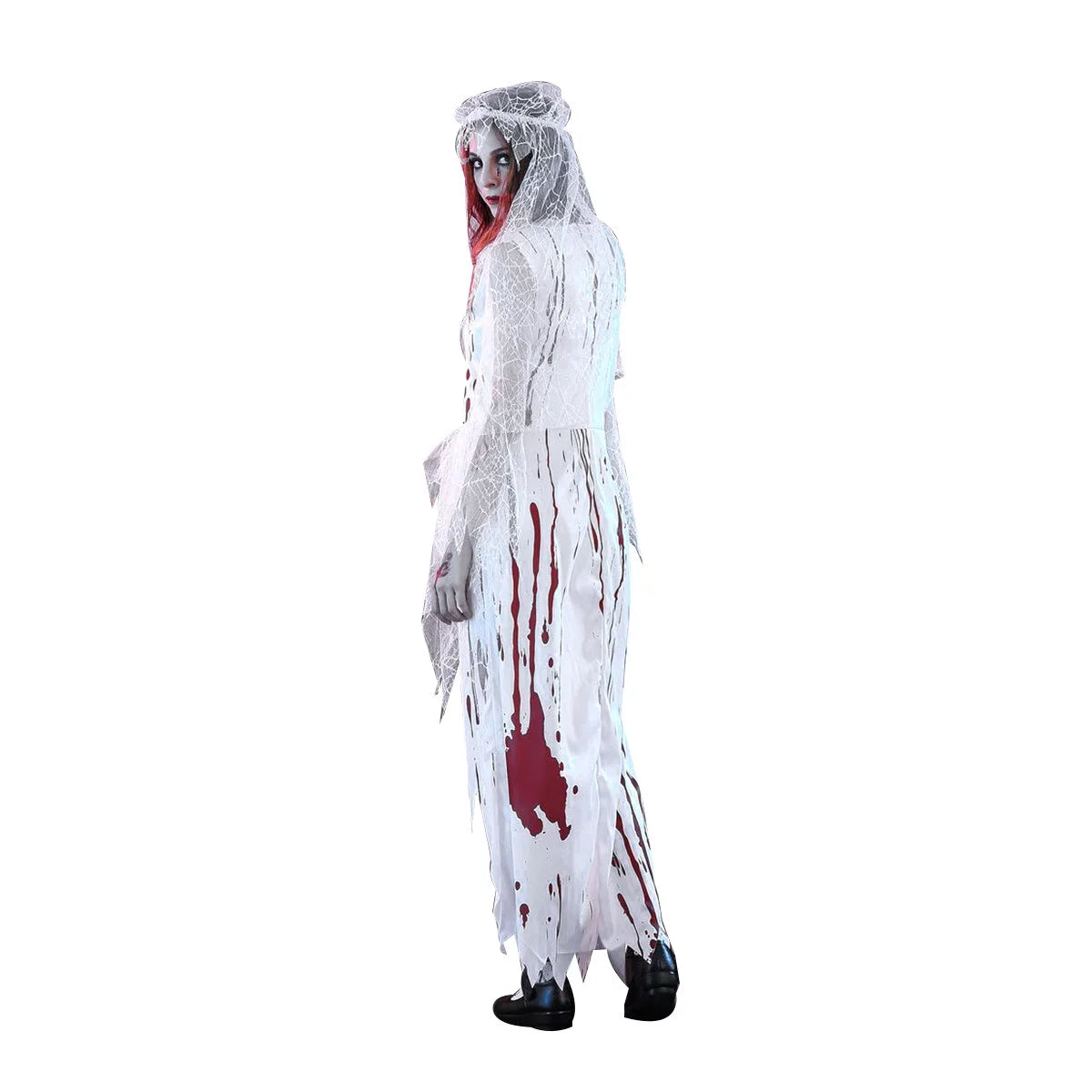 Adult Women's Irregular Blood Corpse Bride Halloween Long Dress Party Cosplay Costume with Veil - Sizeize M (Ivory)