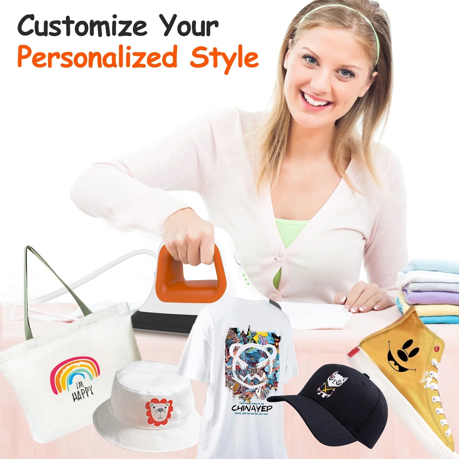 Mini Heat Press Machine 7" * 3.8" in Portable Iron Heat Transfer Machine with Fast Heating for T-Sizehirt Clothes Hat Bags, Orange