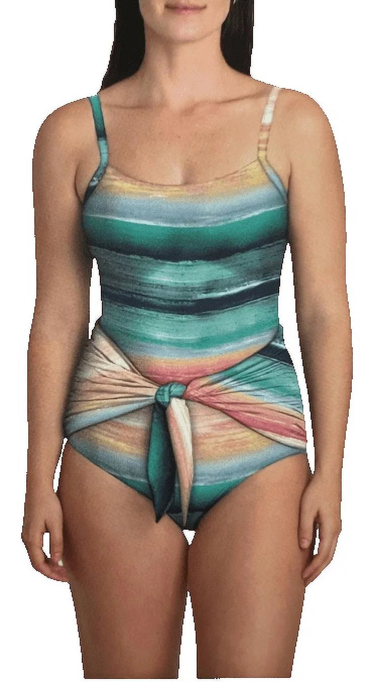 Carole Hochman Ladies' One Piece Tie Front Sizewimsuit UPF50+ (MULTISizeTRIPE, L)
