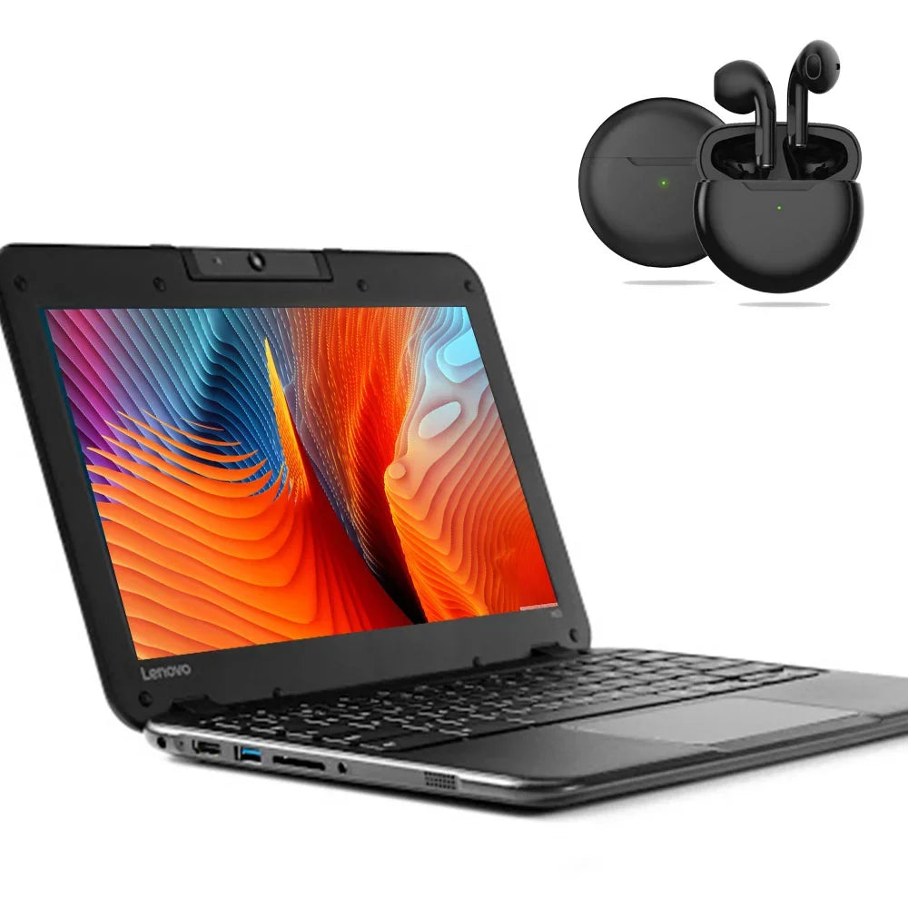 Lenovo N22 Chromebook 11.6 inch Intel  Processor/ 4GB Memory/ 16GB eMMC Sizetorage/ USizeB3.0/ Bluetooth/ Wi-fi/ Webcam with Pro 6 Wireless Earbuds Chrome Notebook