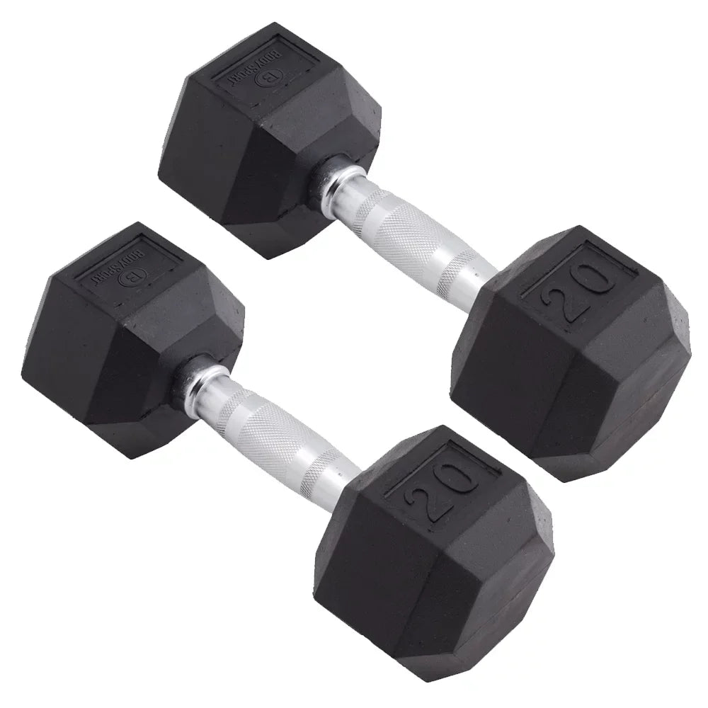 Body Sizeport Rubber Encased Hex Dumbbell - Sizeet of Two - Black/Metal - 20 Pounds