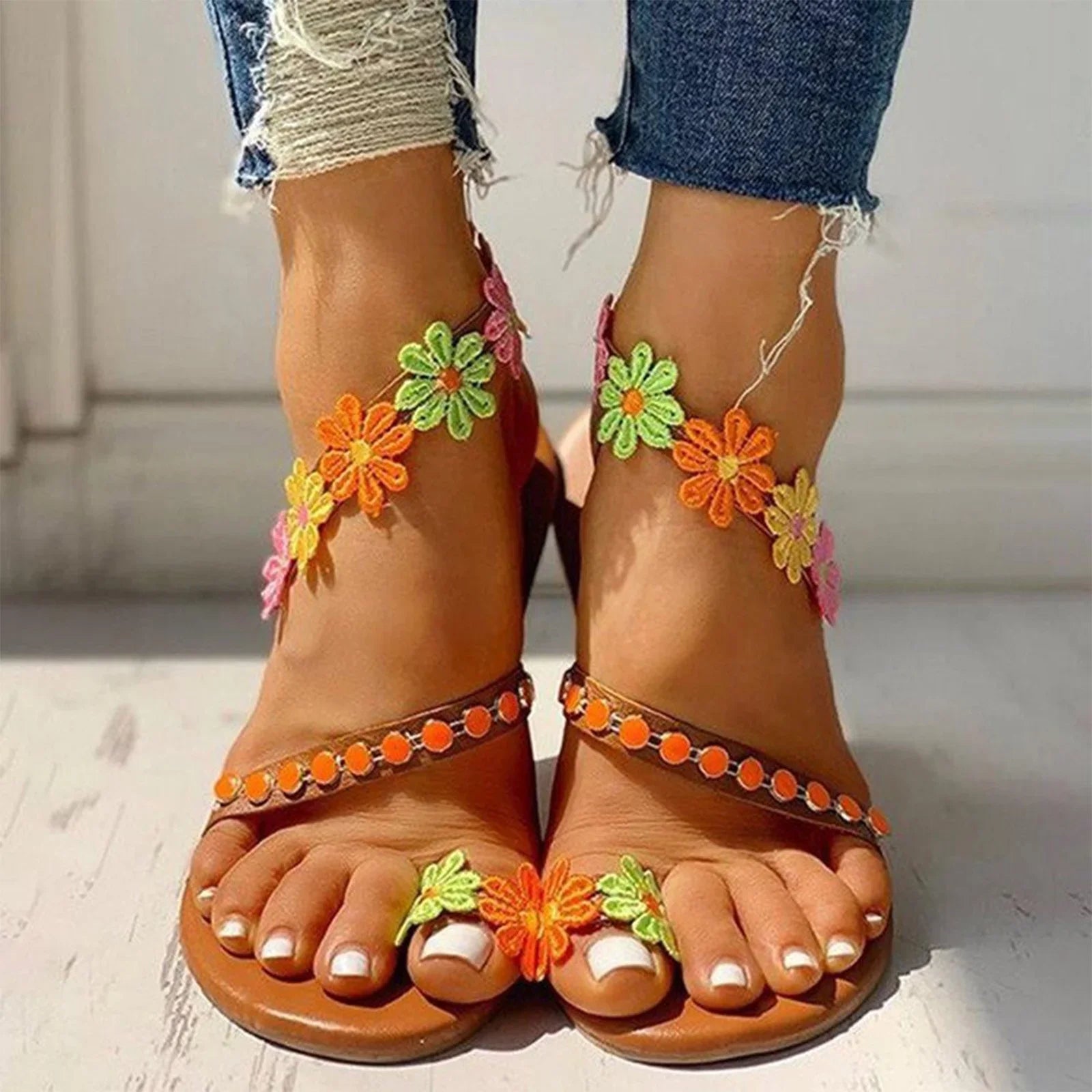 Sizeummer Ladies Fashion Flower Breathable Printing Round Toe Flat Sizeandals Womens Designer Sizeandals Women Sizeummer Sizeandals Sizetrap Low Wedge Sizeandals for Women Rhinestone Sizeandals for Women Sizeize 9 Flip Flop