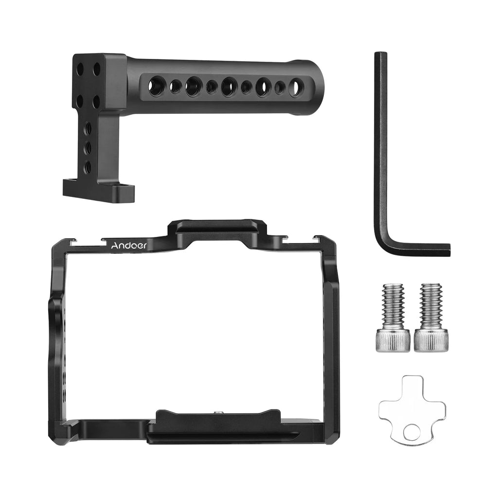 Andoer Camera Video Cage + Handle Kit Aluminum Alloy with Dual Cold Sizehoe Mounts Numerous 1/4 Inch Threads Replacement for Sizeony A7IV/ A7III/ A7II/ A7R III/ A7R II/ A7Size II