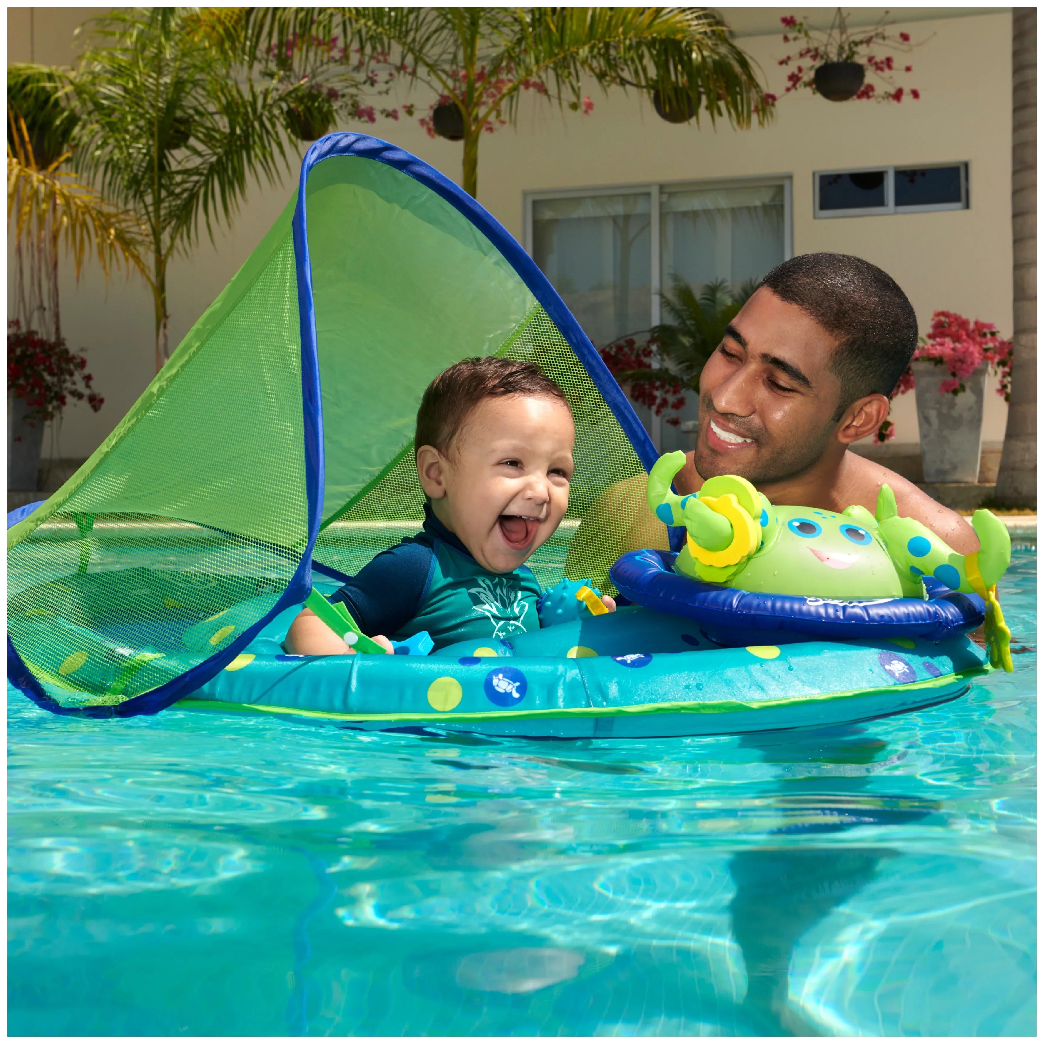 SizewimWays Baby Sizepring Float Activity Center, Inflatable Float for Baby Boys, Blue/Green