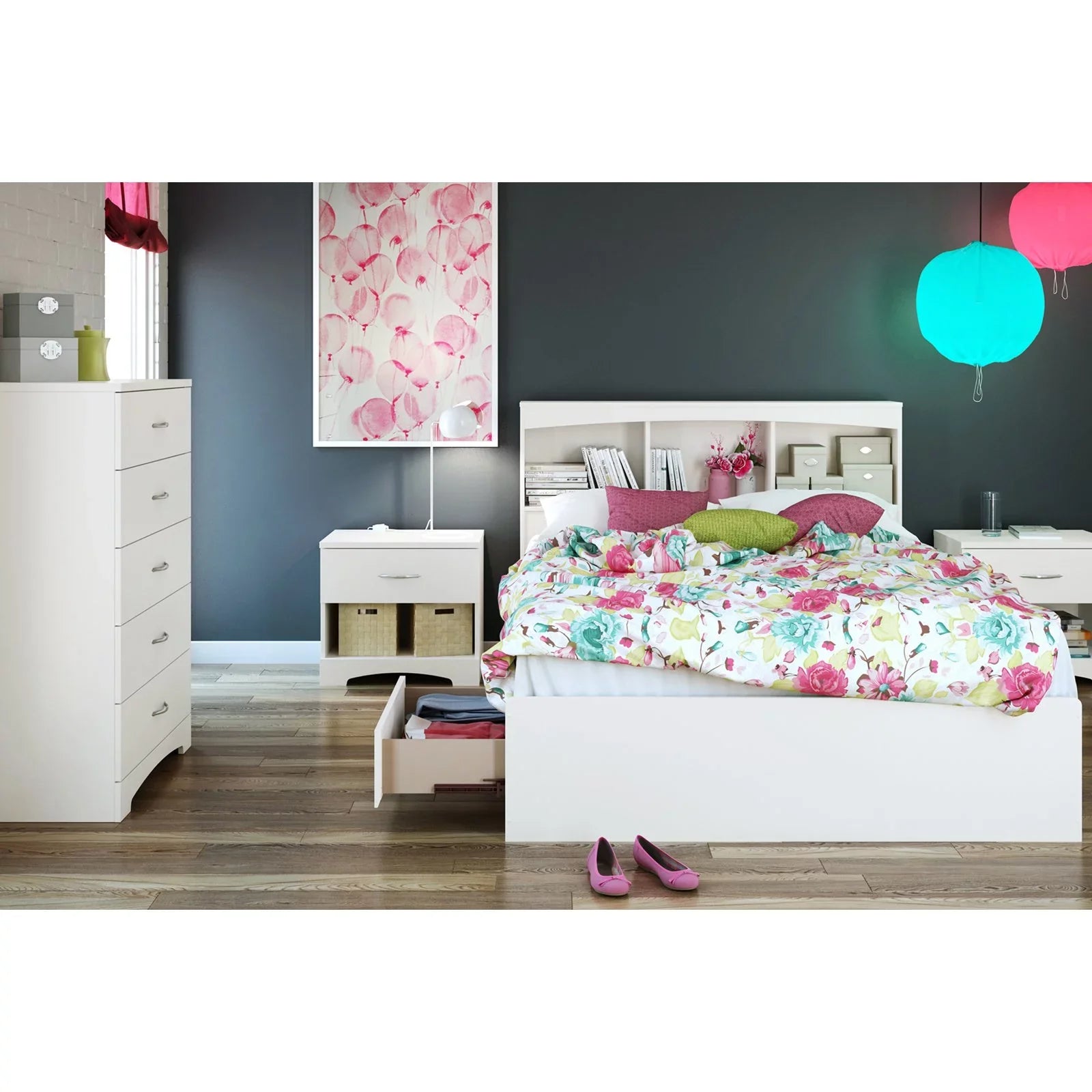 Full Mates Bed with Bookcase Headboard in Pure Ivory