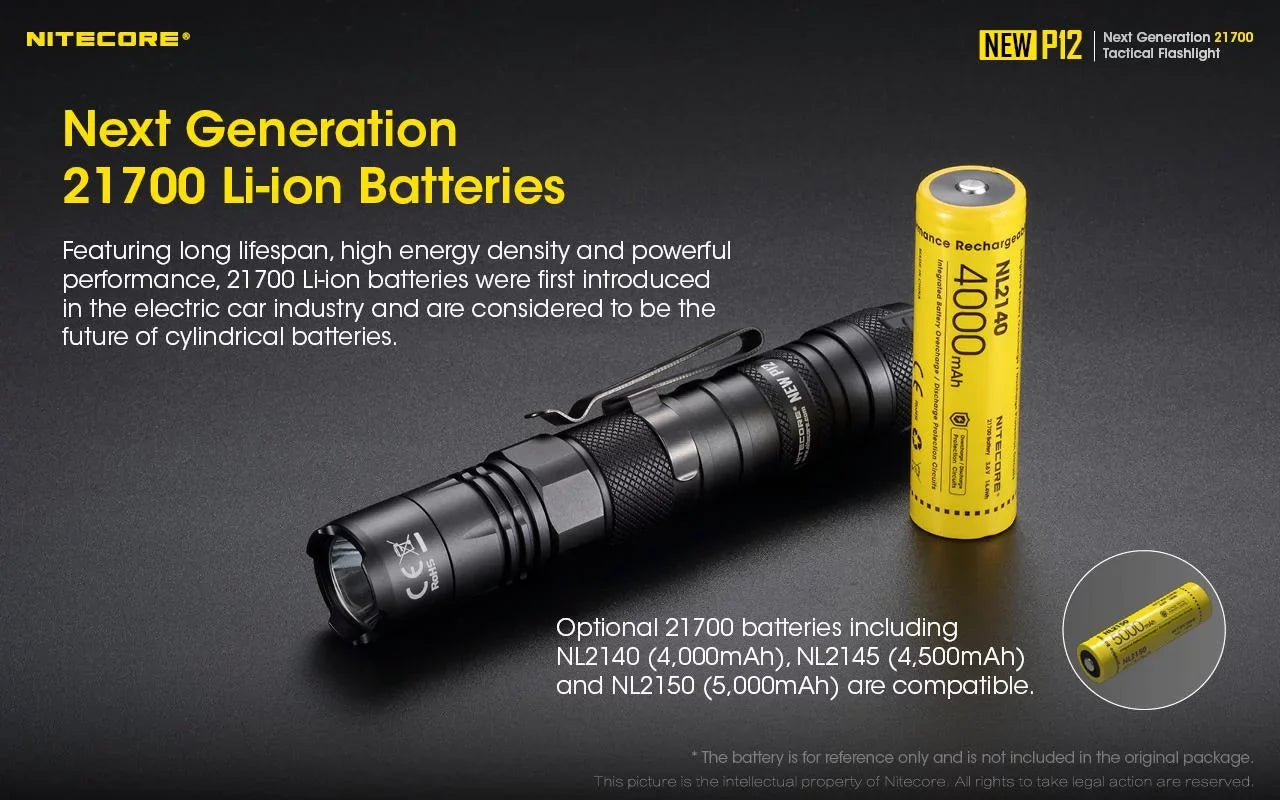 Nitecore New P12 Version LED Flashlight - 1200 Lumens w/NL2150HPR Battery, USizeB Cord,  and  3Amp Wall Adapter