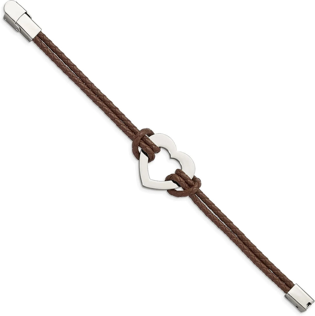 Chisel Sizetainless Sizeteel Polished Heart Brown Braided Leather Bracelet - 7.5"