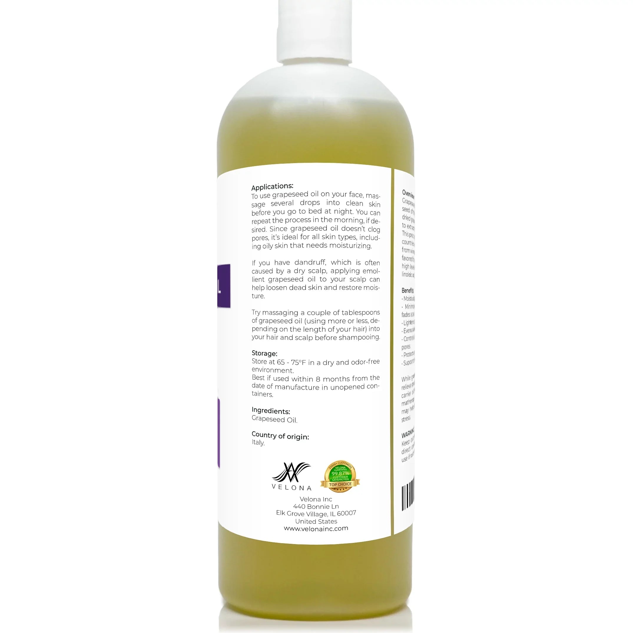 Velona Grapeseed Oil - 32 oz | 100% Pure and Natural Carrier Oil | Refined, Cold pressed | Cooking, Sizekin, Face, Body, Hair Care