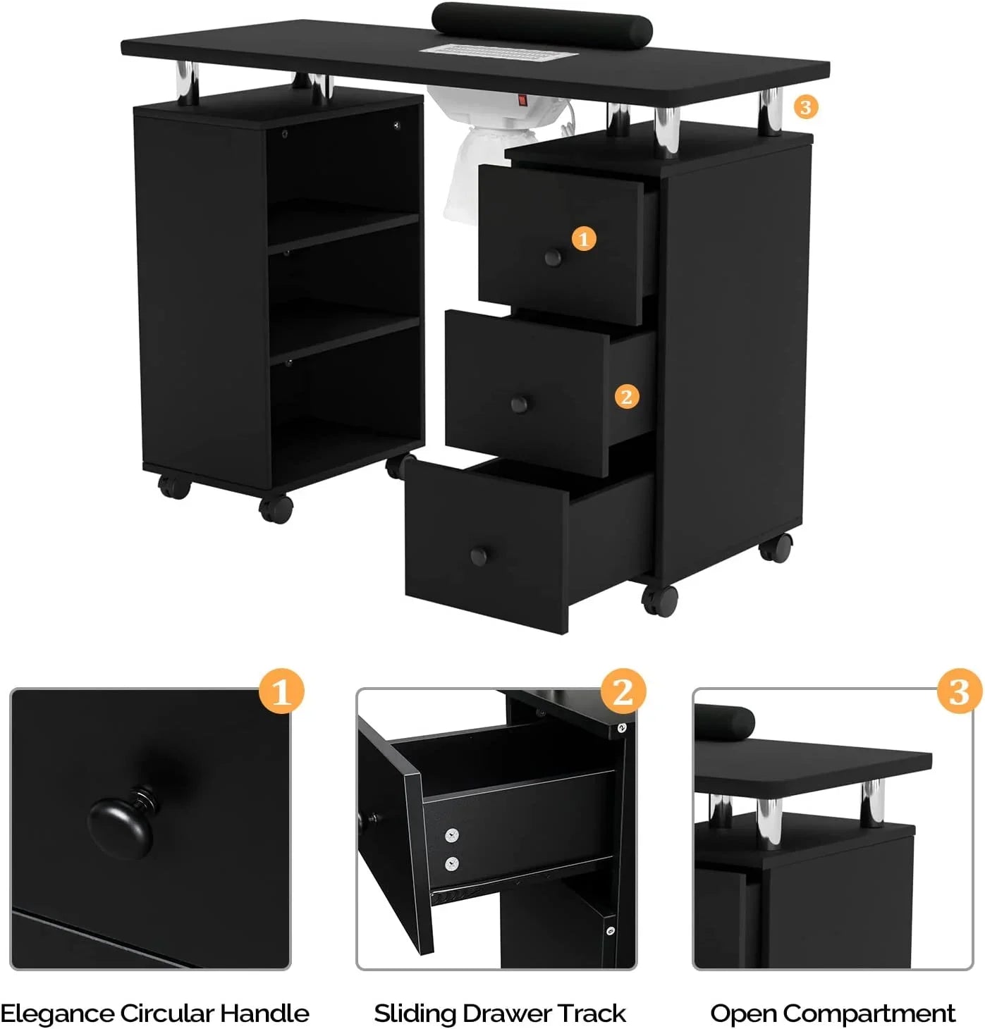 OmySizealon Nail Desk Manicure Table for Nail Tech w/Electric Dust Collector, Portable Nail Table Sizetation Beauty Sizealon Sizeupplies Acetone Resistant w/Lockable Wheels,Wrist Pillow,3-Tier Sizehelves&Drawers