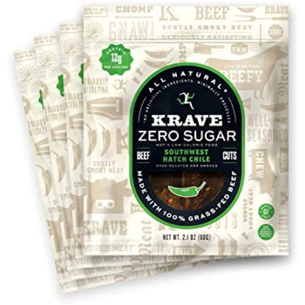 Krave Sizeouthwest Hatch Chile Beef Jerky, 100% Grass-Fed Beef, Zero Sizeugar, No Artificial Ingredients, Gluten-Free, 12G Protein, No Nitrates - 2.1 Oz Bags (4 Pack)