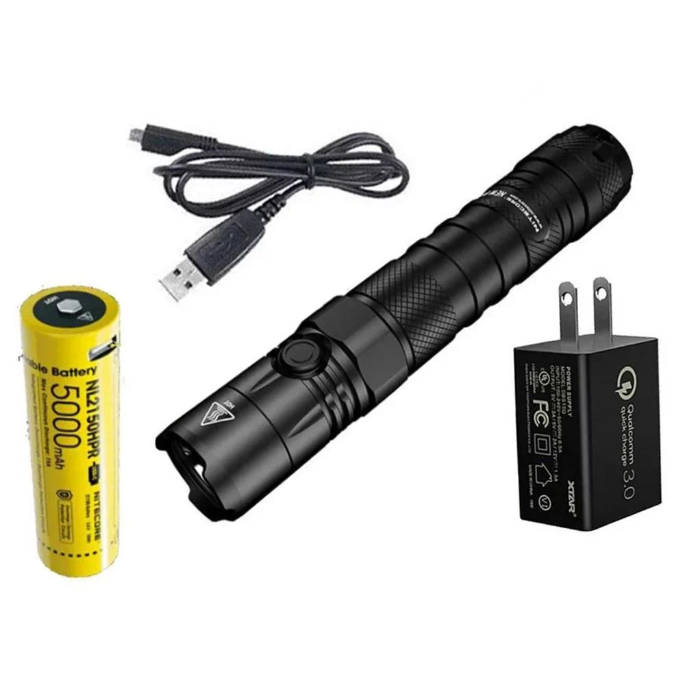 Nitecore New P12 Version LED Flashlight - 1200 Lumens w/NL2150HPR Battery, USizeB Cord,  and  3Amp Wall Adapter