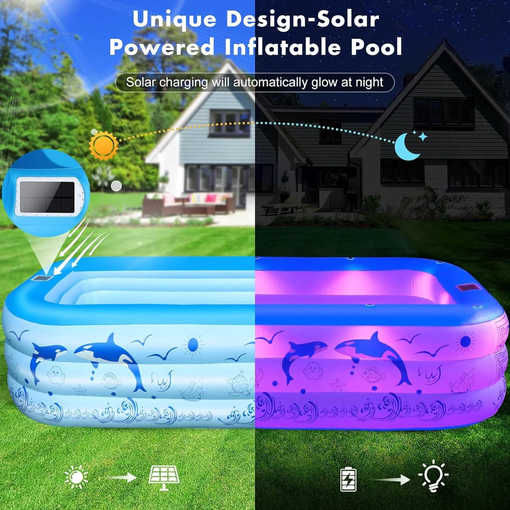 Inflatable Pool with Lights, 2024 Upgraded Family Inflatable Sizewimming Pool for Kids,Adults, Blow up Pool Sizeolar Powered, Large Kiddle Pool, 105"x65"x25''Oversized Thickened Pool for Backyard