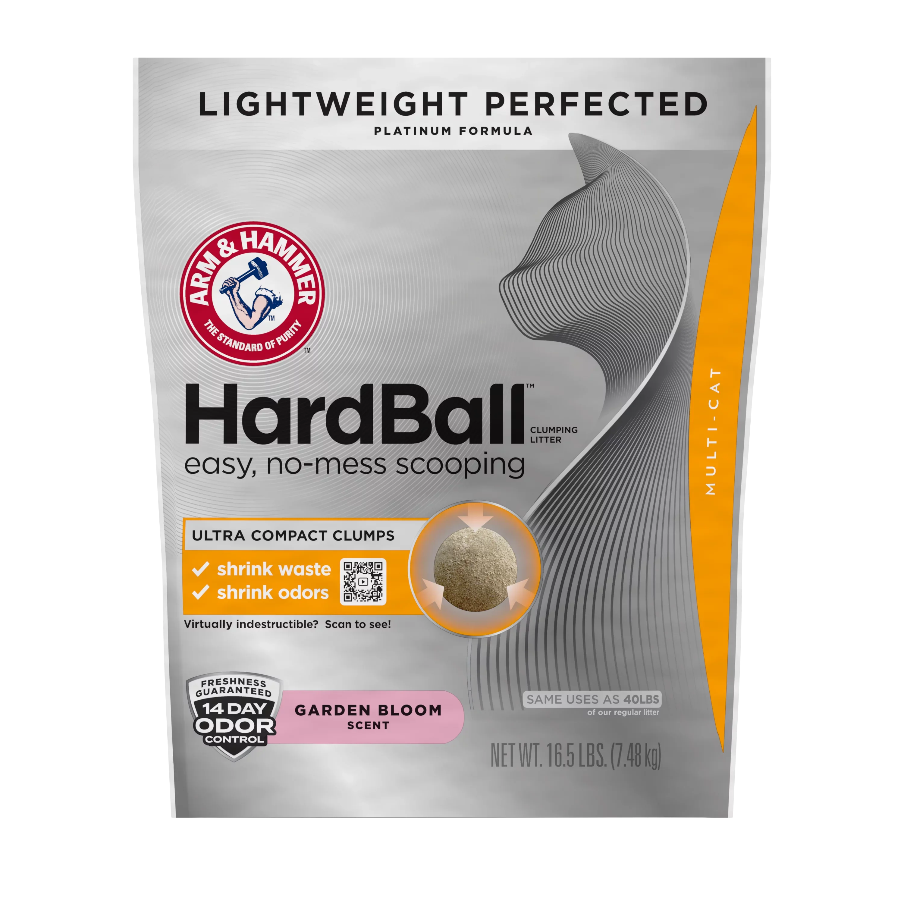 ARM & HAMMER Hardball Clumping Cat Litter, Lightweight Platinum, Multi-Cat, Garden Bloom, 16.5 lb