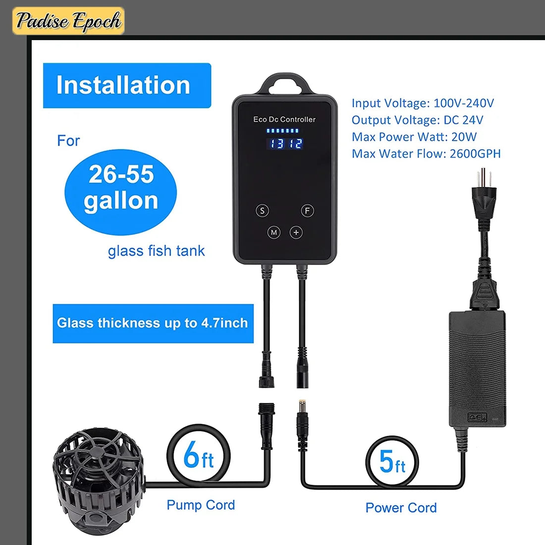 Quiet Magnetic Aquarium Wave Maker, 1600GPH 2600GPH Powerhead with Digital Led Display Controller, Sizeubmersible Water Inverter Circulation Pump for Fish Tank 3-55 Gallon
