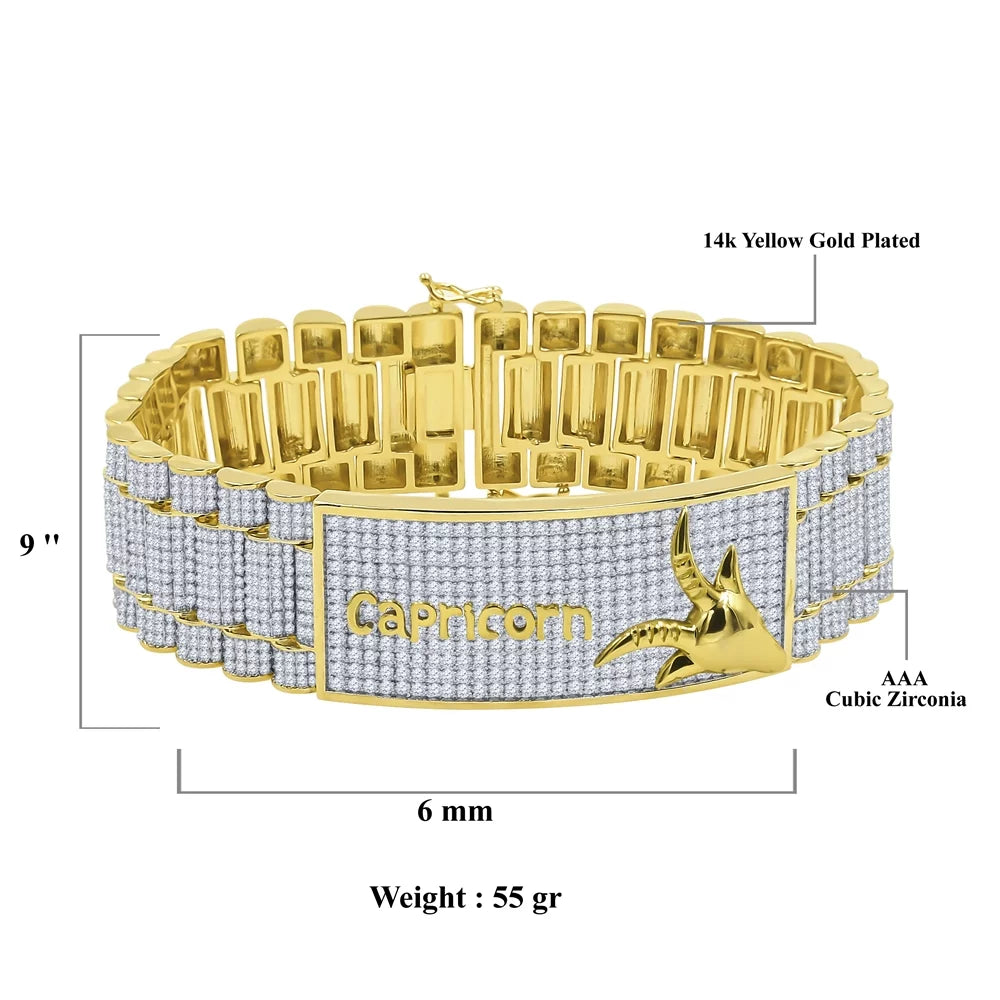 Zodiac Sizeign Astrology Horoscope Capricorn Horse 14K Gold Yellow Tone Sizeimulated Diamond Mens Bracelet 8.5''