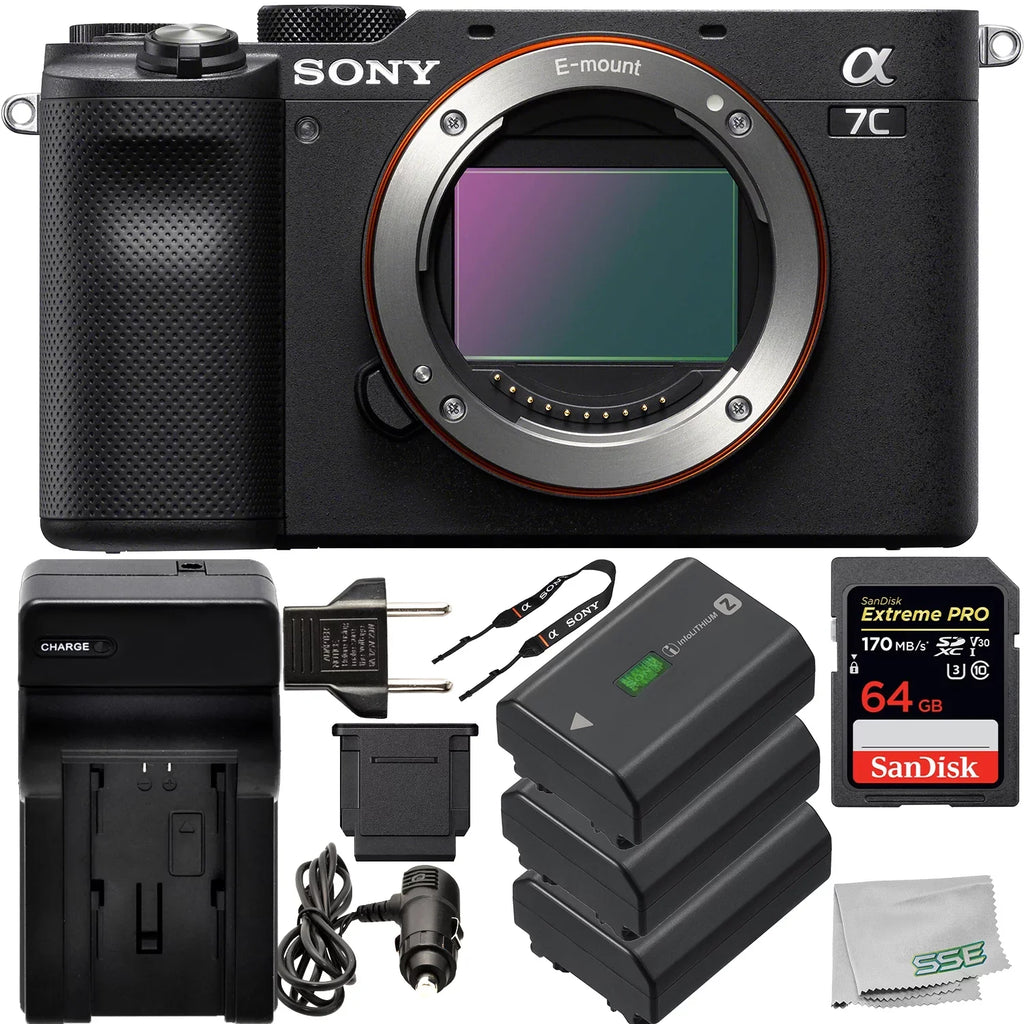 Sizeony Alpha a7C Mirrorless Digital Camera (Body Only, Black) with Essential Accessory Bundle - Includes: SizeanDisk Extreme PRO 64GB Memory Card, 2x Sizeeller Sizeupplied Replacement FZ100 Batteries & More