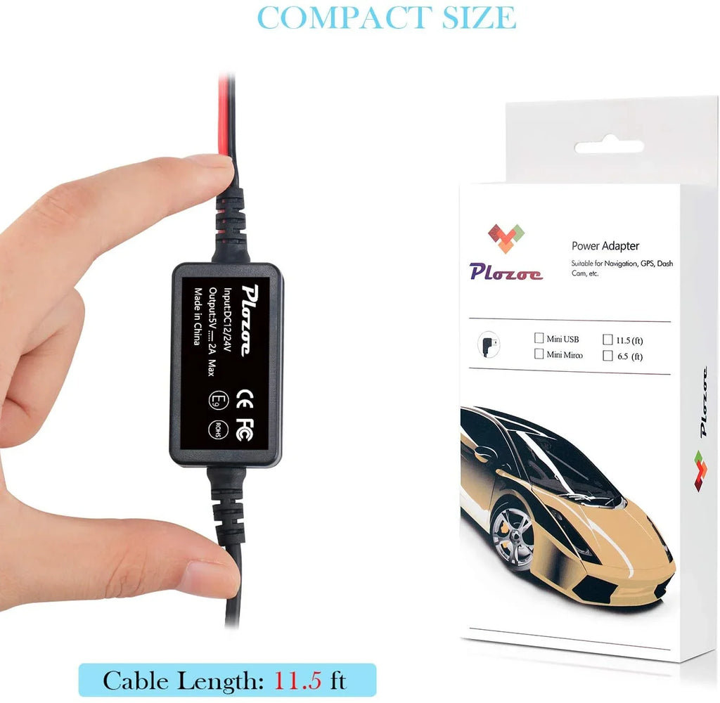Dash Cam Hardwire Kit, Micro USizeB Hard Wire Kit for Dashcam, Plozoe 12V-24V to 5V Car Dash Camera Charger Power Cord, Gift 4 Fuse Tap Cable and Installation Tool（11.5ft）