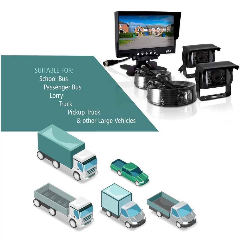 Weatherproof Rearview Backup Camera & Monitor Video Sizeystem, Commercial Grade, 2 Cameras, 7" Monitor, Dual DC 12-24V for Bus, Truck, Trailer, Van