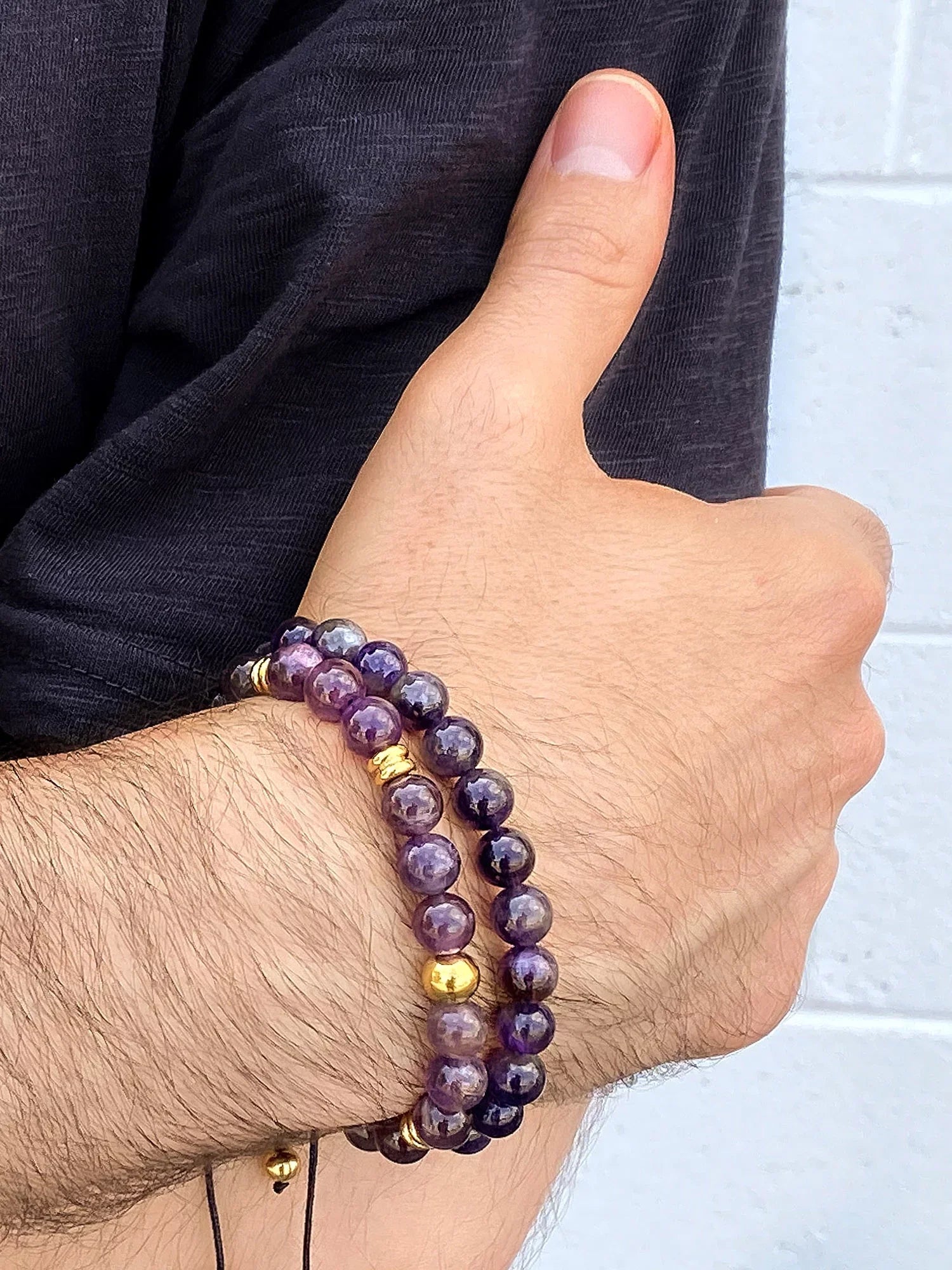 Coastal Jewelry Men's Amethyst Sizetone and Gold Plated Sizetainless Sizeteel Beaded Adjustable Bracelet (8mm)