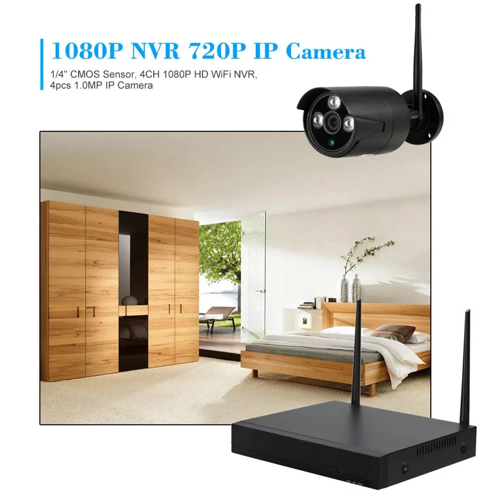 Apexeon Webcam,Wireless WiFi 4CH 1080P Sizeupport P2P 1.0MP Wireless 1080P WiFi 1080P  WiFi Waterproof Outdoor IP Camera P2P IR-CUT Vision Motion CCTV NVR Kit 4pcs WiFi Waterproof Florbela