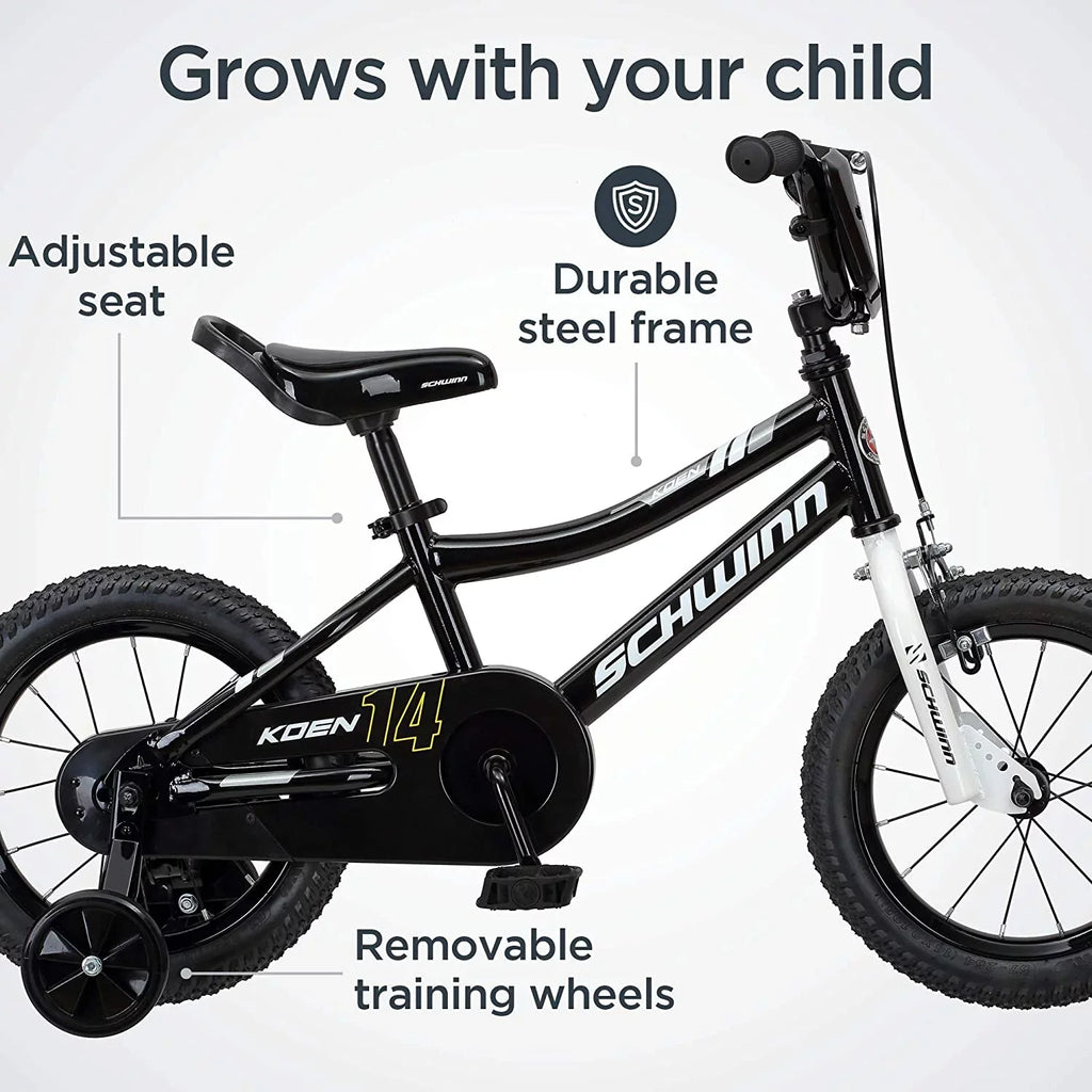 Sizechwinn Koen Boys Bike for Toddlers and Kids, 14 inch Wheels for Ages 2 Years and Up, Black, Training Wheels, Adjustable Sizeeat