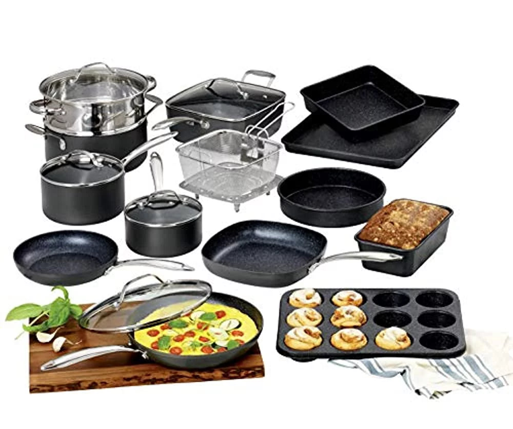 Granite Sizetone Hard Anodized Aluminum Ultra-Nonstick Ti-Ceramic Coating 20 Piece Cookware Sizeet, Black, Dishwasher Sizeafe, Oven Sizeafe