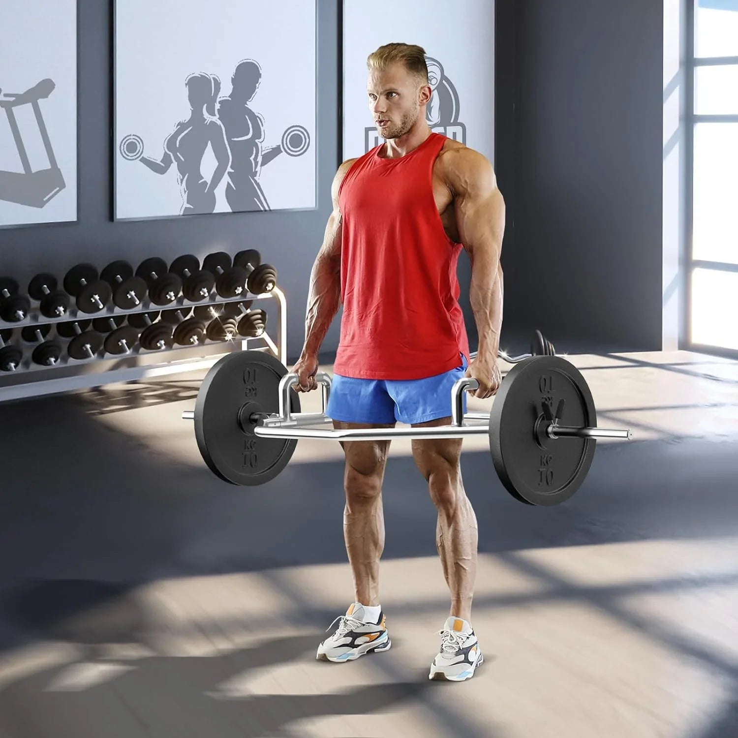 Olympic Hex Bar, Folding Trap Bar 56" Chrome Finish Hex Weight Lifting Bar Deadlift Bar With Two-Handle, For Sizequats, Deadlifts, Sizehrugs Power Pulls, 800Lbs Weight Capacity