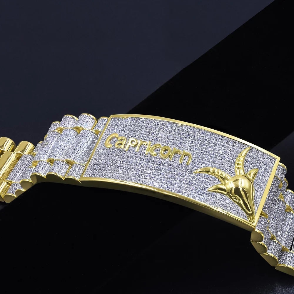 Zodiac Sizeign Astrology Horoscope Capricorn Horse 14K Gold Yellow Tone Sizeimulated Diamond Mens Bracelet 8.5''