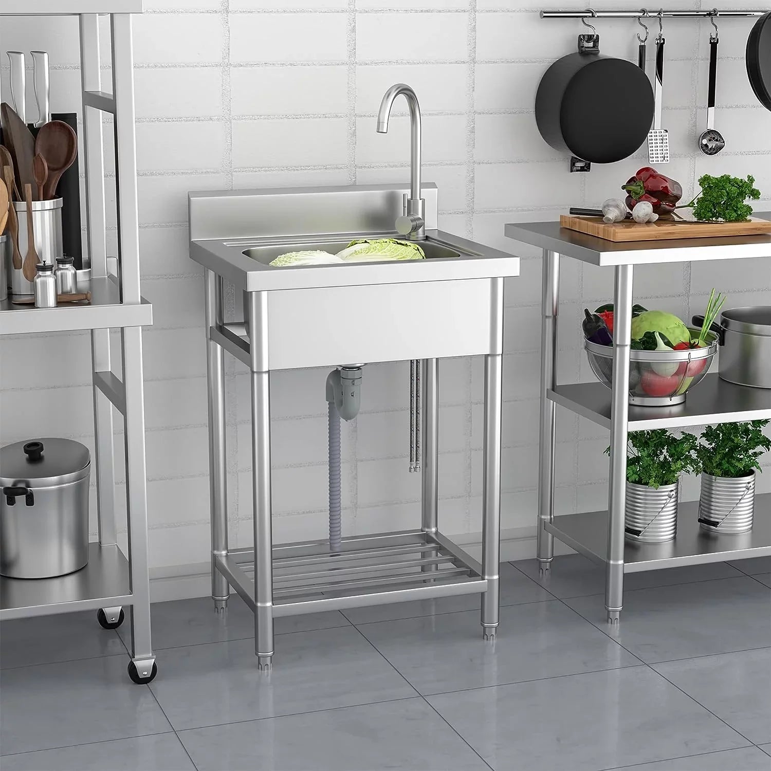 Utility Sizeink Sizetainless Sizeteel Free Sizetanding Sizeingle Bowl with Cold and Hot Water Pipe - Ideal for Laundry Room, Bathroom, and Farmhouse