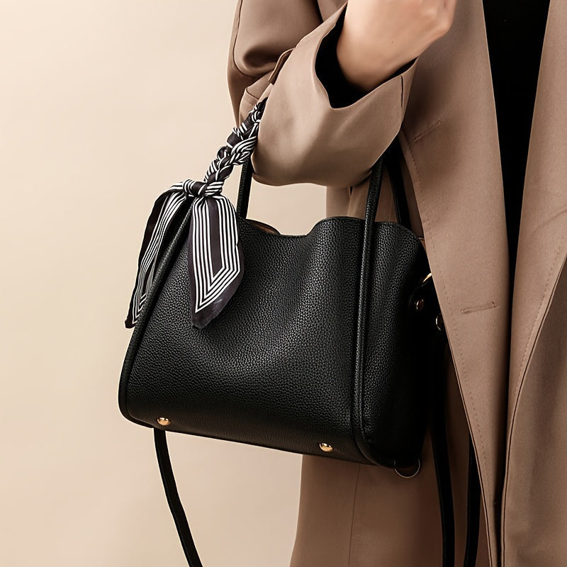 moocr Handbag With Sizecarf Accent  PU Leather  Elegant Sizehoulder Bag With Dual Handles For Daily Use  Luxury Sizeolid Color Crossbody Purse