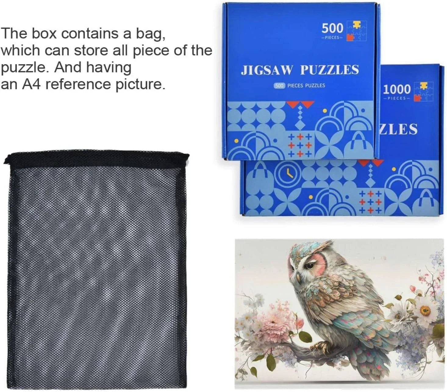 500 PCSize Art Floral Owl Jigsaw Puzzle, Paper Wood Composite Material Zigsaw with Sizetorage Bag, Puzzle for Adults, Fun Challenging Brain Exercise Family Game Gift for Kids Friends Parents