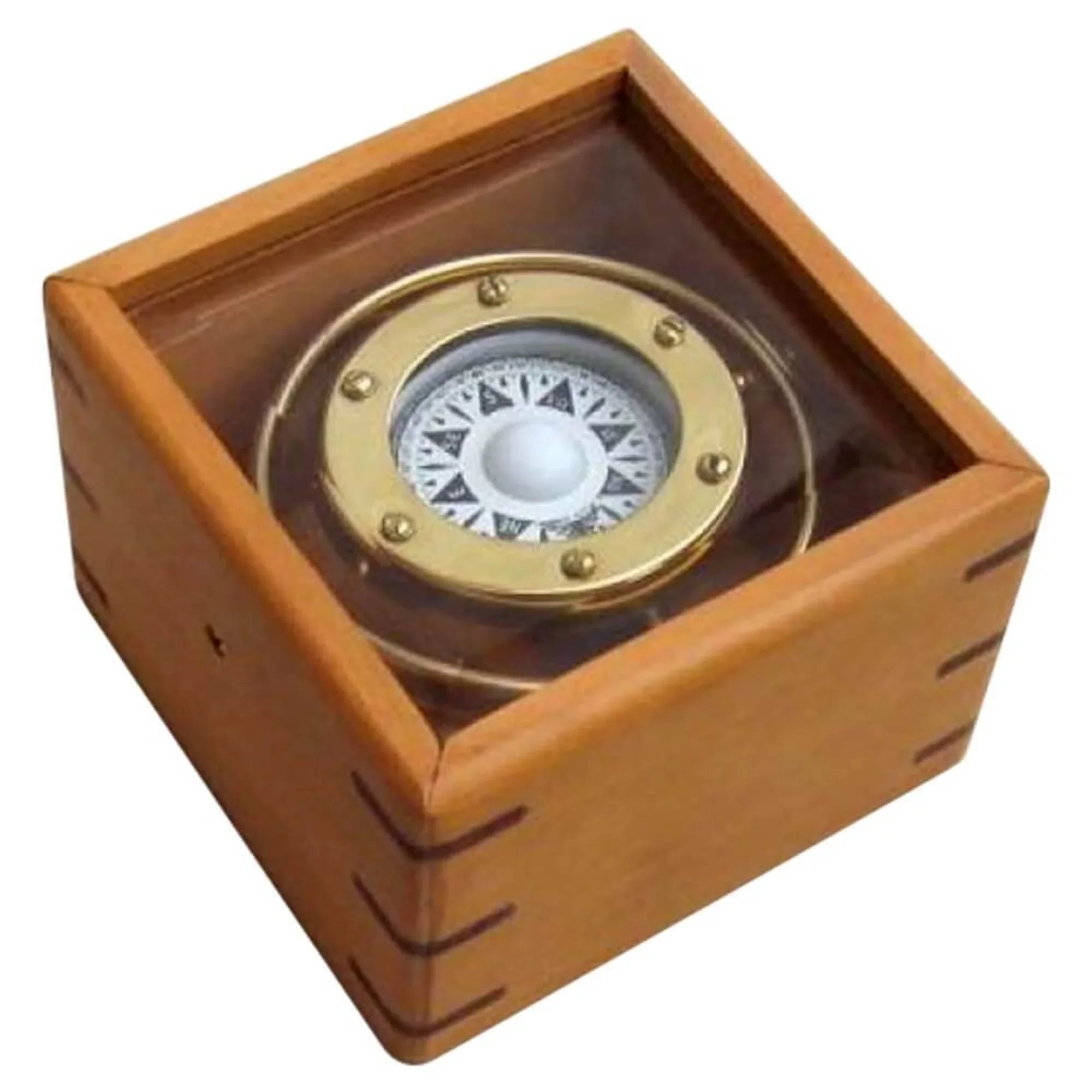 Gimbal Compass Wood with Glass Box