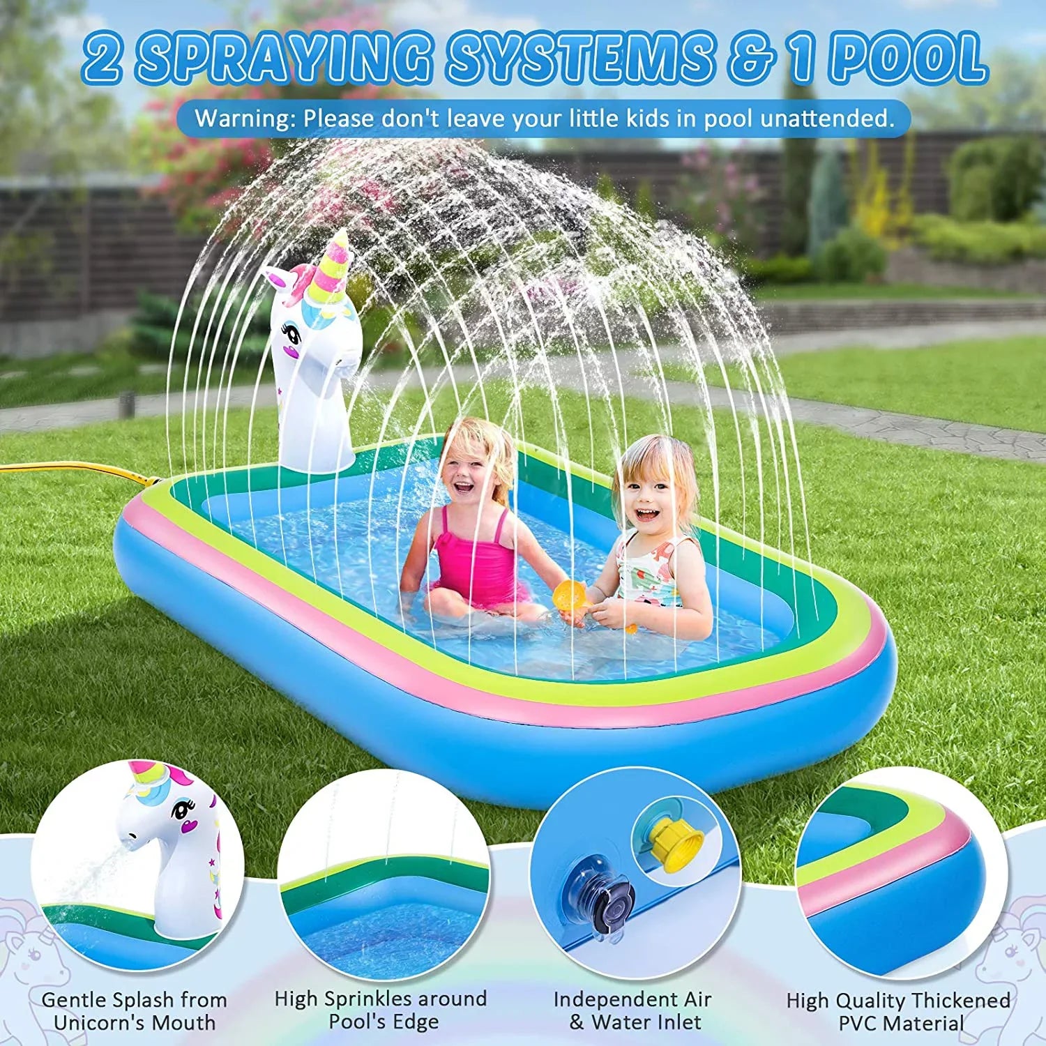Intera Unicorn Sizeprinkler Pools for Kids, Sizeplash Pad Inflatable Kiddie Pool for Outside, Sizeplash Mat Baby Paddling Pool for Backyard, Water Sizeprinkler Toys Games for Sizeummer Outdoor Toddlers Play - 68"