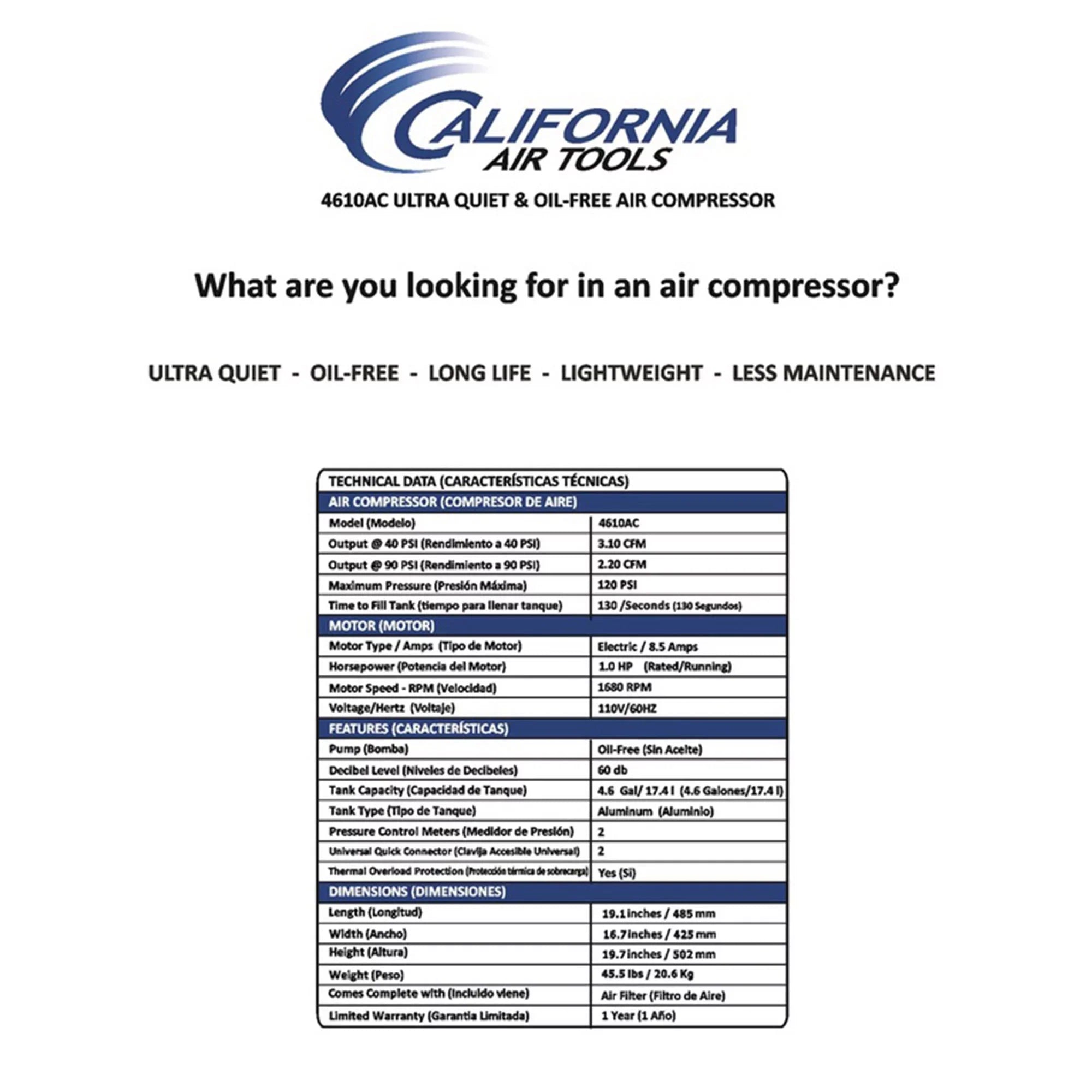 California Air Tools 4610AC Ultra Quiet Oil Free Powerful Air Compressor
