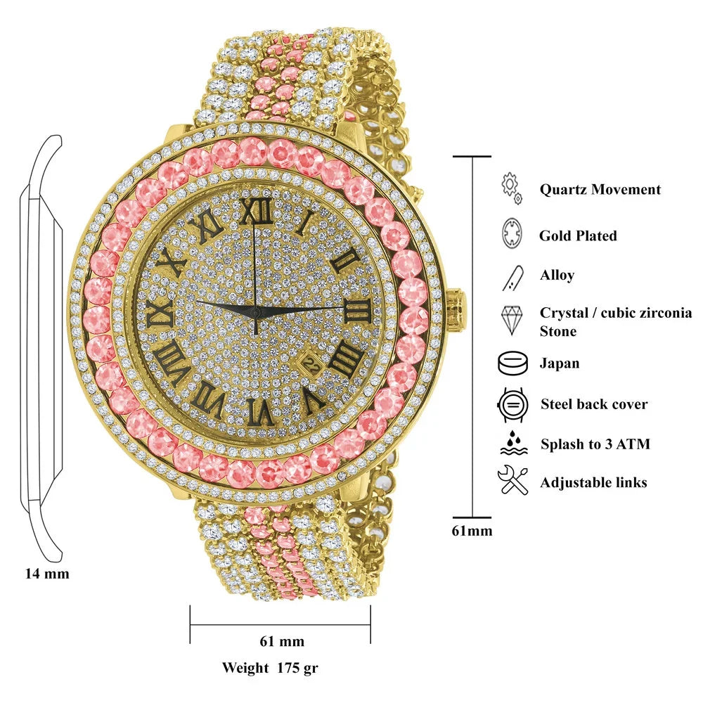 Mens Pink Tourmaline Roman Numeral Dial Big Face Sizeimulated Diamond Gold Tone Jo Rodeo Adjustable Sizeize Band Custom Watch