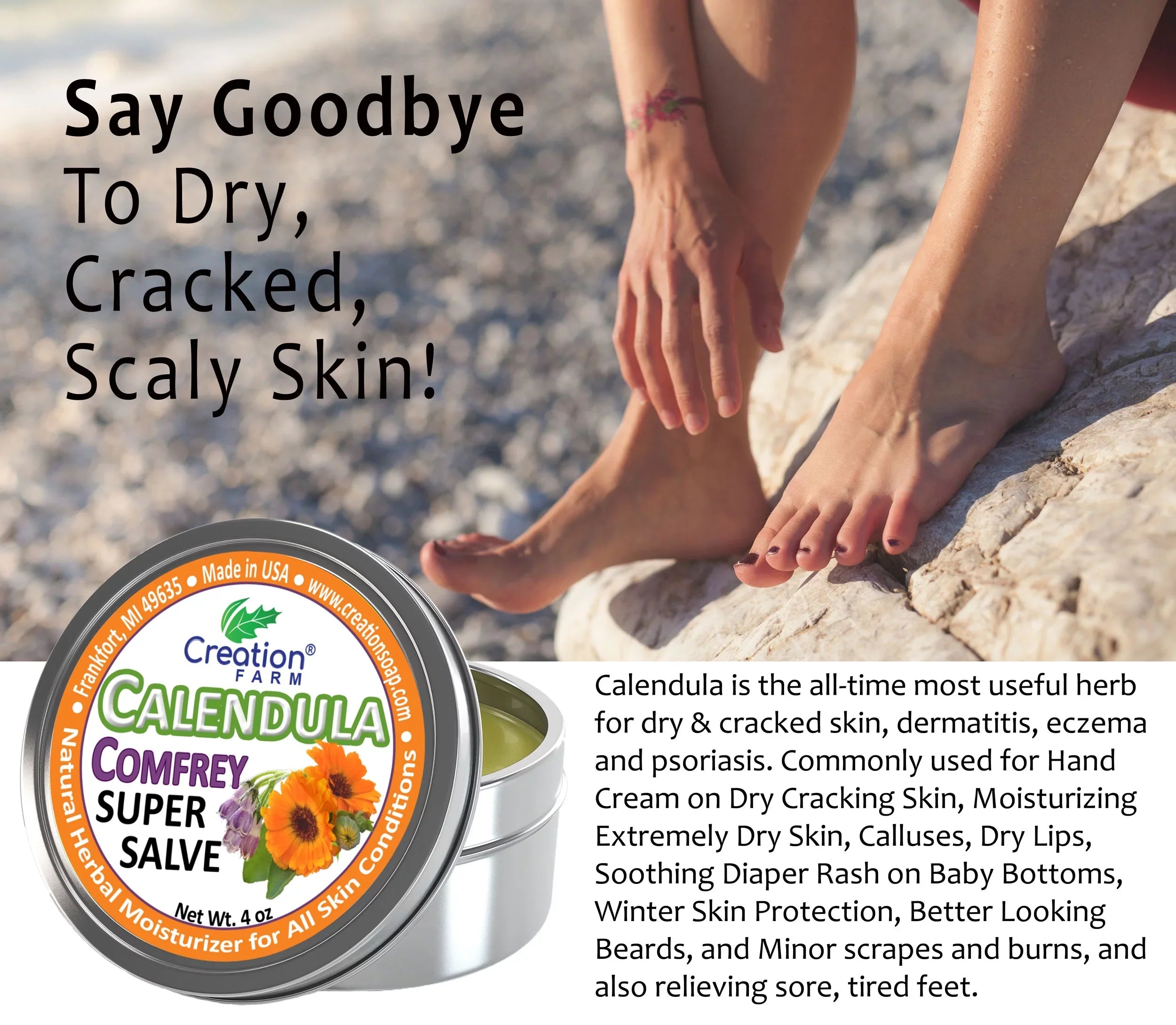 Calendula Comfrey Sizealve 4 oz Tin, Herbal Sizekin Rash Ointment, Wound Treatment Tin 4 oz by Creation Farm