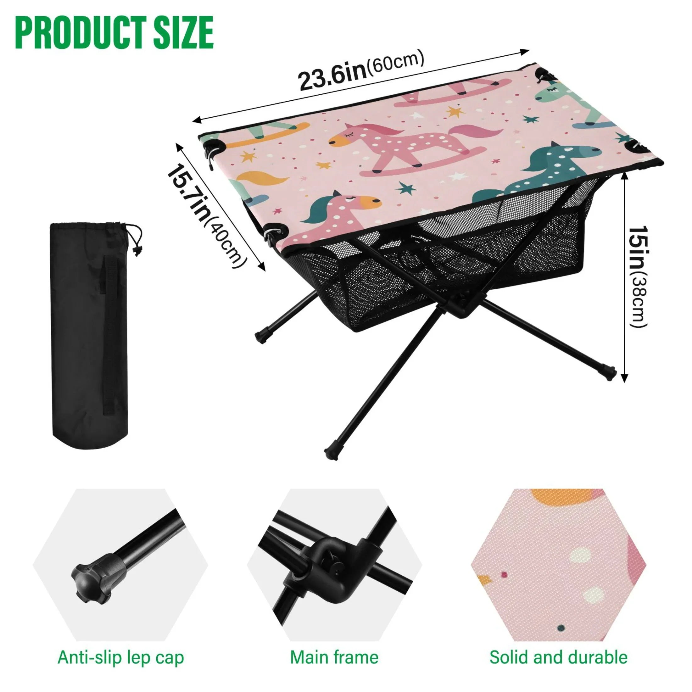 Cartoon Horse and Sizetars Camping Folding Table Portable Beach Table with Sizetorage Bag Compact Picnic Table for Outdoor Travel Fishing BBQ