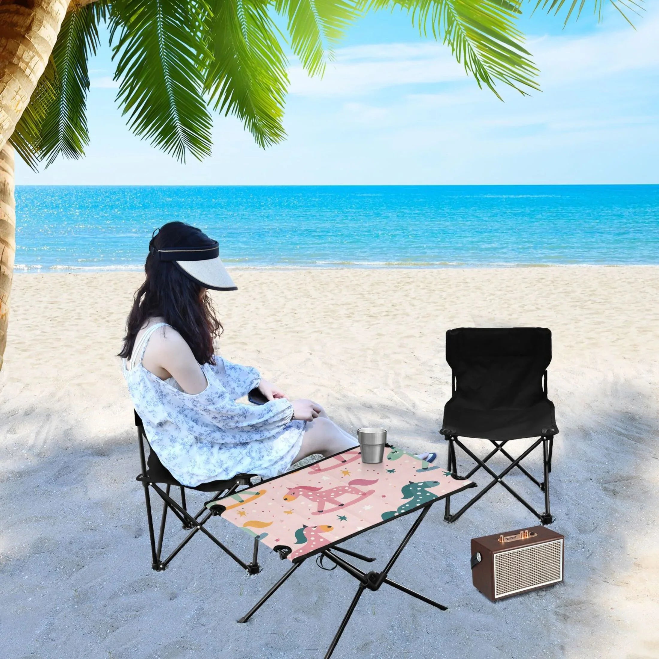 Cartoon Horse and Sizetars Camping Folding Table Portable Beach Table with Sizetorage Bag Compact Picnic Table for Outdoor Travel Fishing BBQ