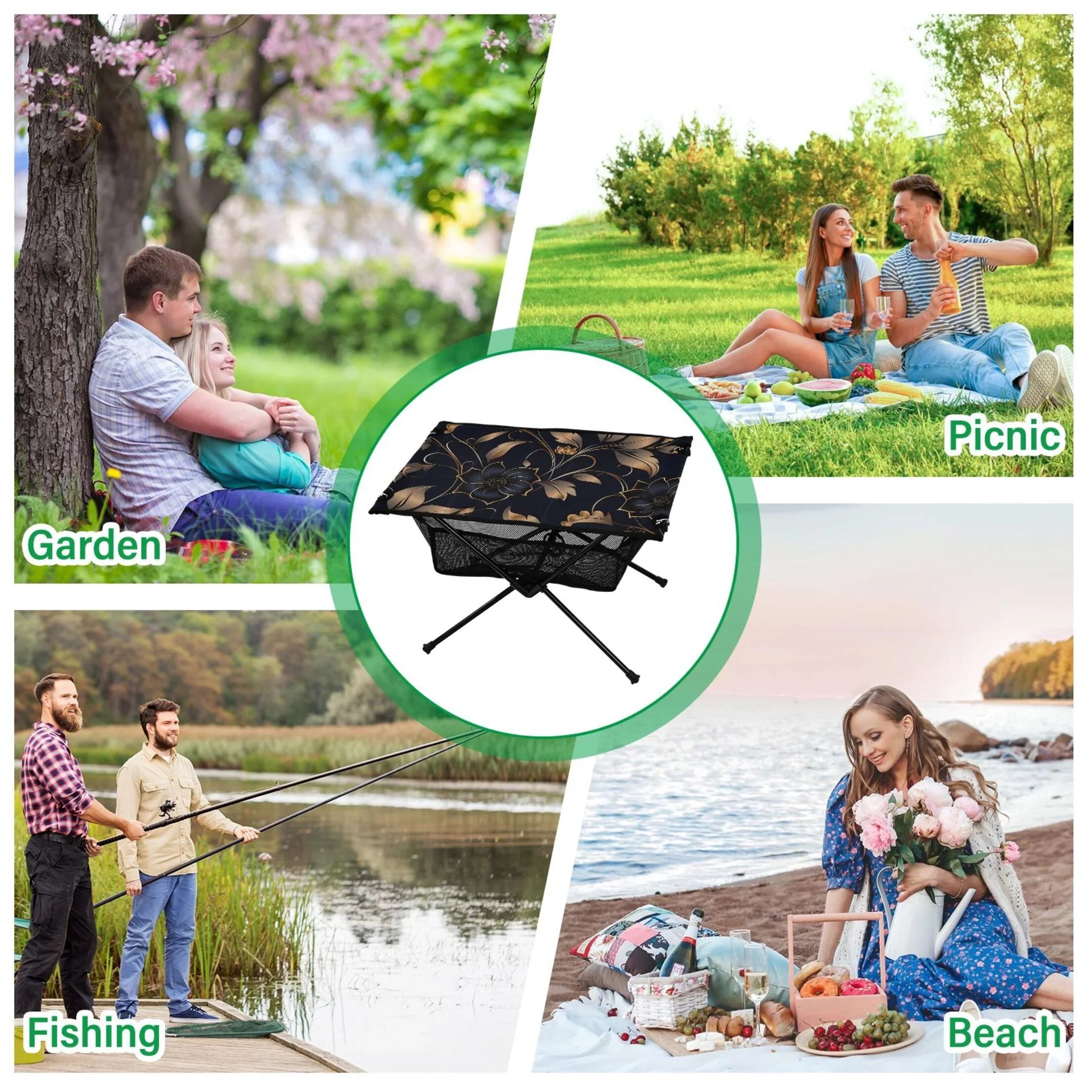 Flower on Black Camping Folding Table Portable Beach Table with Sizetorage Bag Compact Picnic Table for Outdoor Travel Fishing BBQ