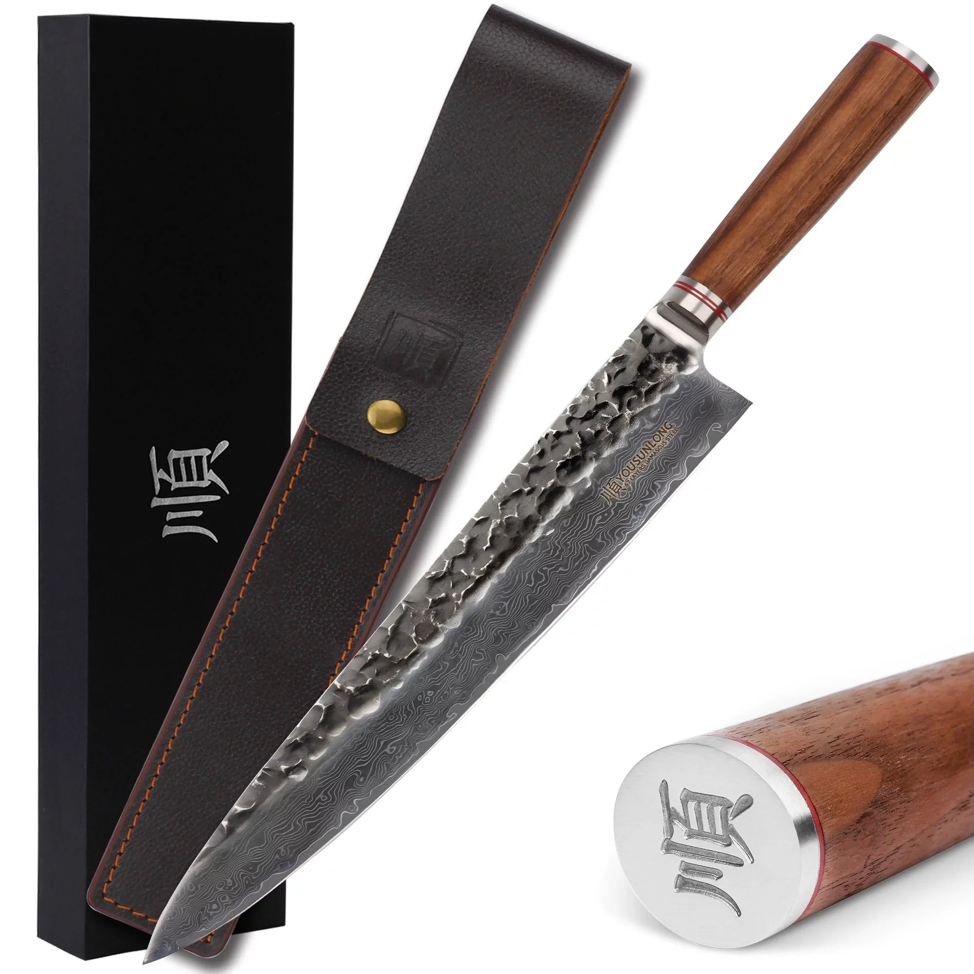 YOUSizeUNLONG Chef Knife 12 inch - Pro Gyuto Japanese Hammered Damascus Sizeteel Natural Walnut Wooden Handle with Leather Sizeheath