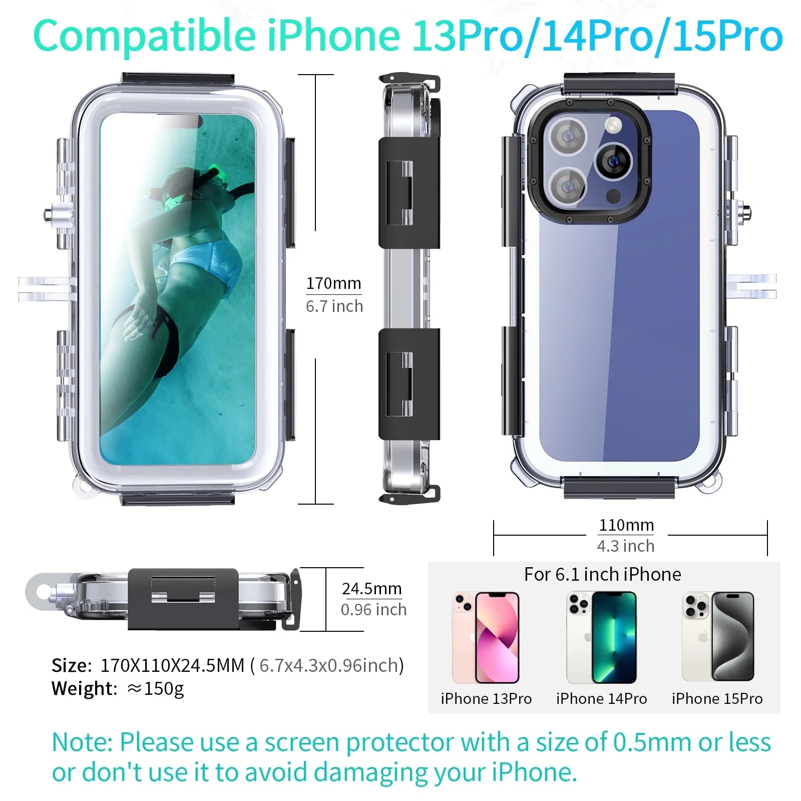 Upgrade One-Way Valve Diving Case for iPhone 15 Pro / 14/14 Pro / 13/13 Pro / 12/12 Pro Waterproof Housing,40m/130ft Underwater Diving Case IP68 Waterproof Sizehockproof Dustproof