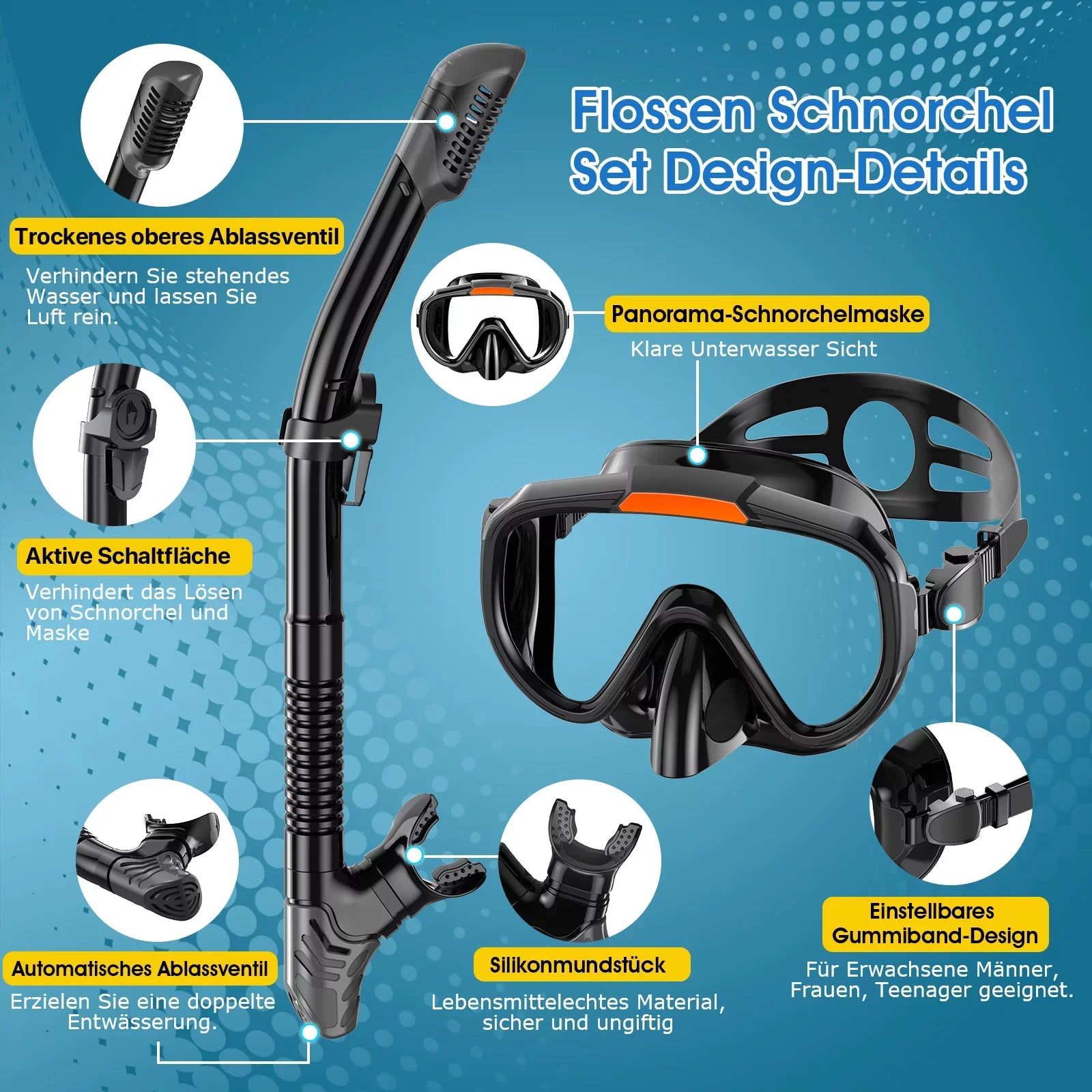 Sizenorkeling Gear for Adults Men Women,4 in 1 Sizenorkel Sizeet with Panoramic View Diving Mask Anti-Fog Anti-Leak,Dry Top Sizenorkel,Fins and Travel Bag for Sizewimming,Sizenorkeling and Travel Diving