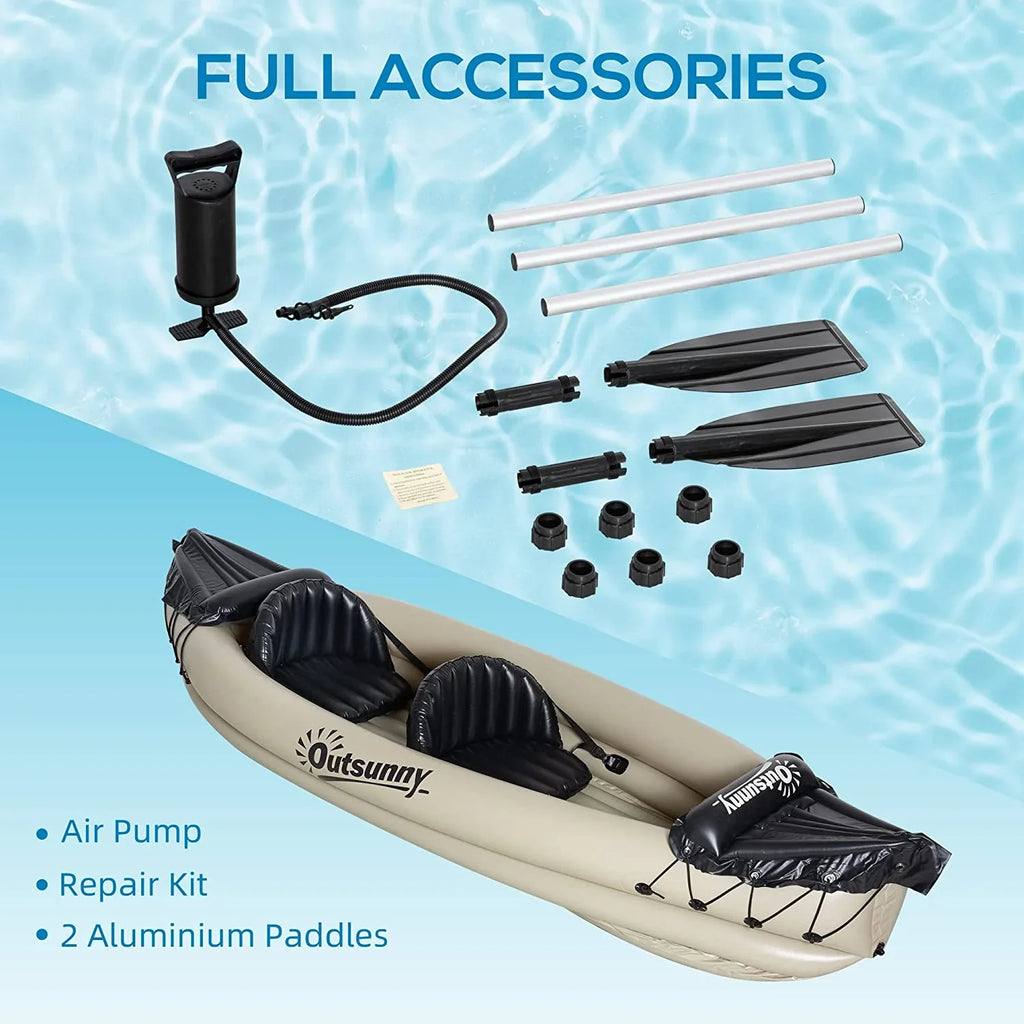 Outsunny K2 Kayak, 2 Person Inflatable Kayak, Includes Paddles, Aluminum Oars, Repair Kit, Portable Tandem Blow Up Boat, Beige