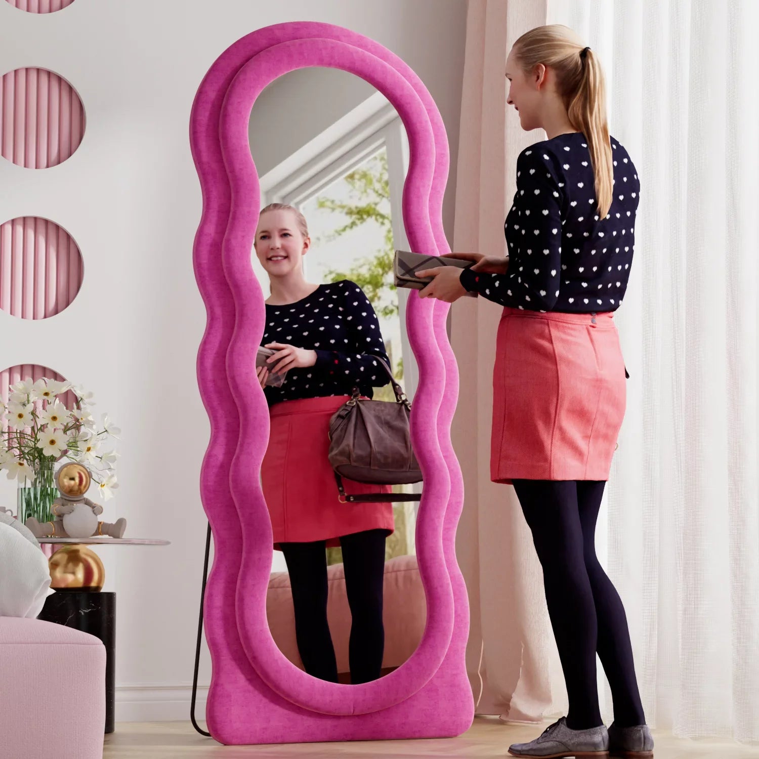 VLUSizeH Wavy Full Length Mirror, Freestanding Floor Mirror with Sizetand, 63"x24" Wall Mounted Mirror for Bedroom (Pink)